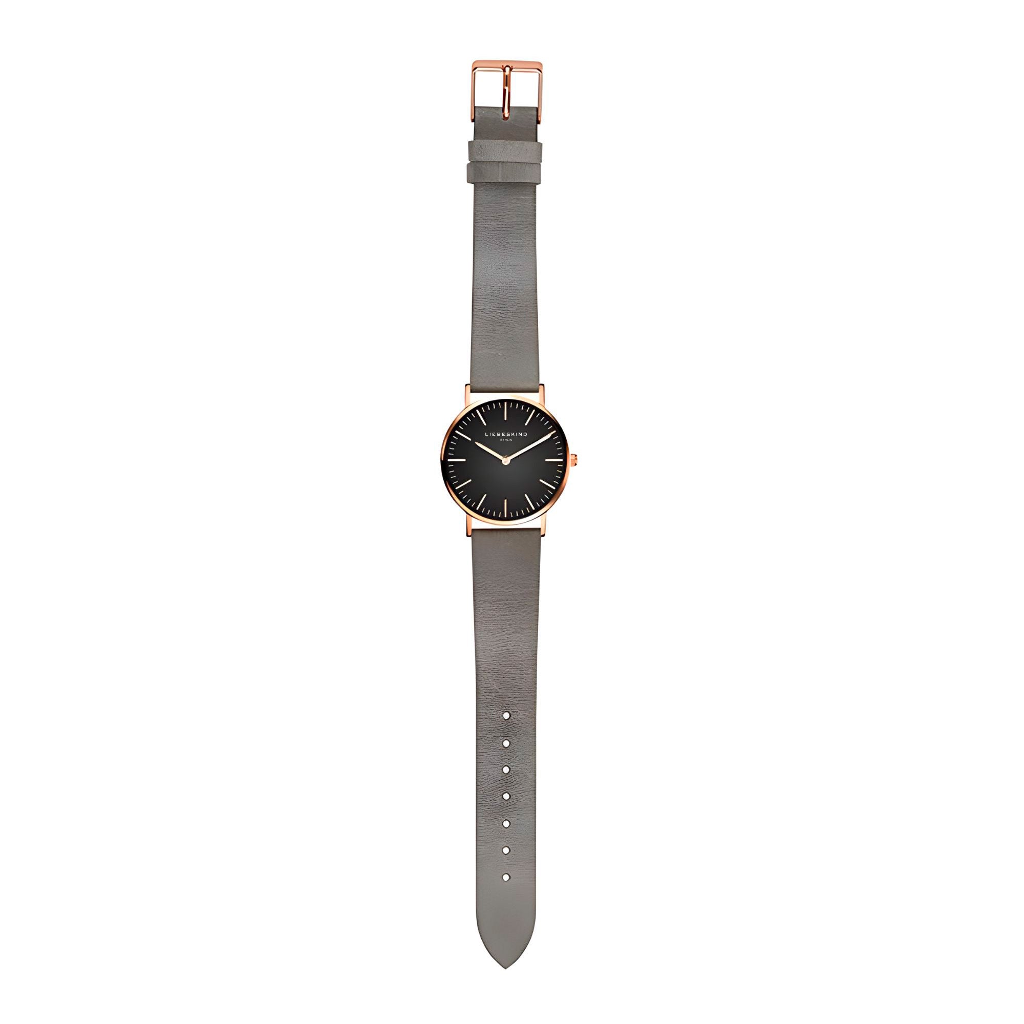 Liebeskind Berlin Armbanduhr mit schwarzem Zifferblatt, roségoldenen Indizes, roségoldenem Gehäuse und grauem Lederband; Zusatzbild