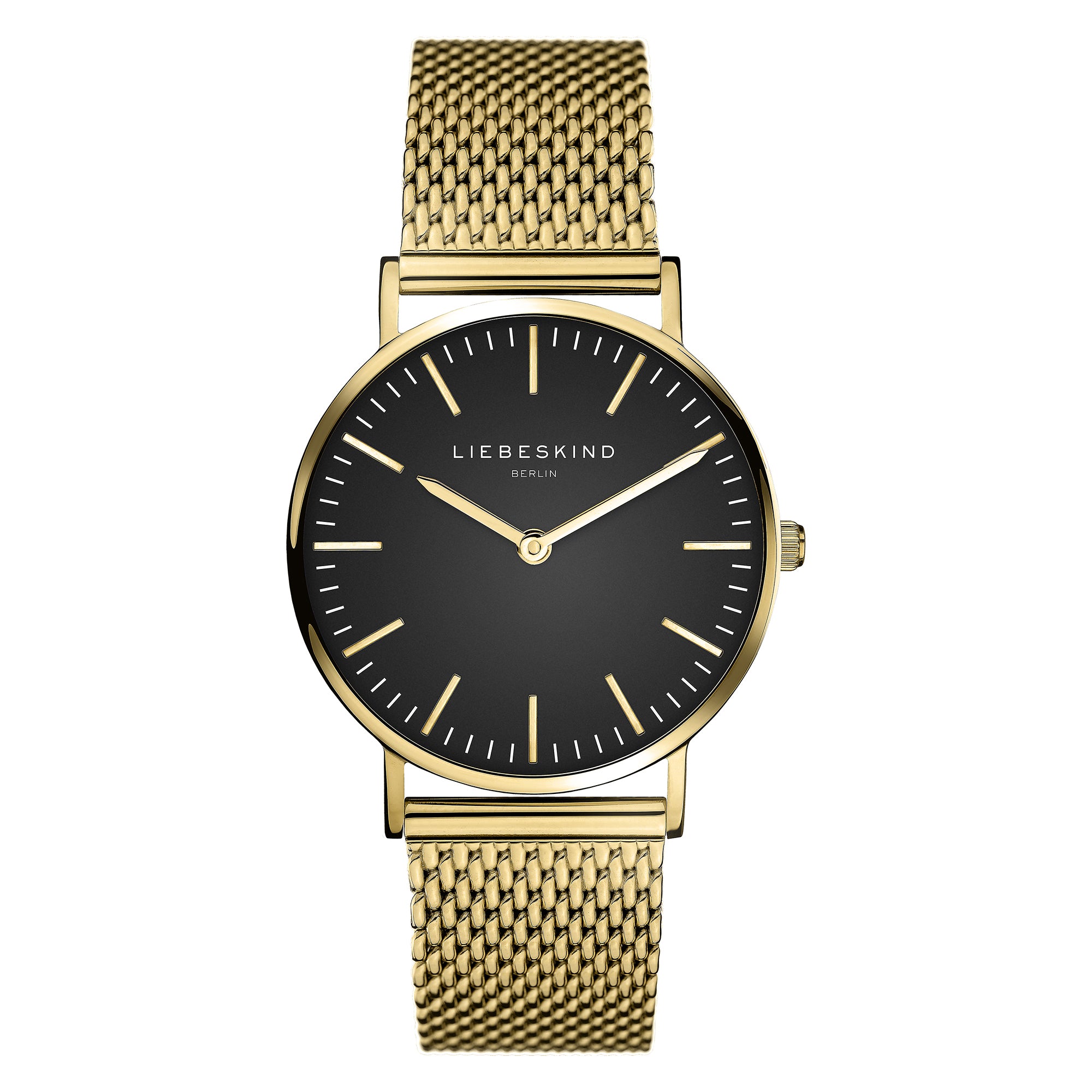 Liebeskind Berlin Armbanduhr mit schwarzem Zifferblatt, goldenen Indizes, goldenem Gehäuse und goldenem Meshband; Produktbild