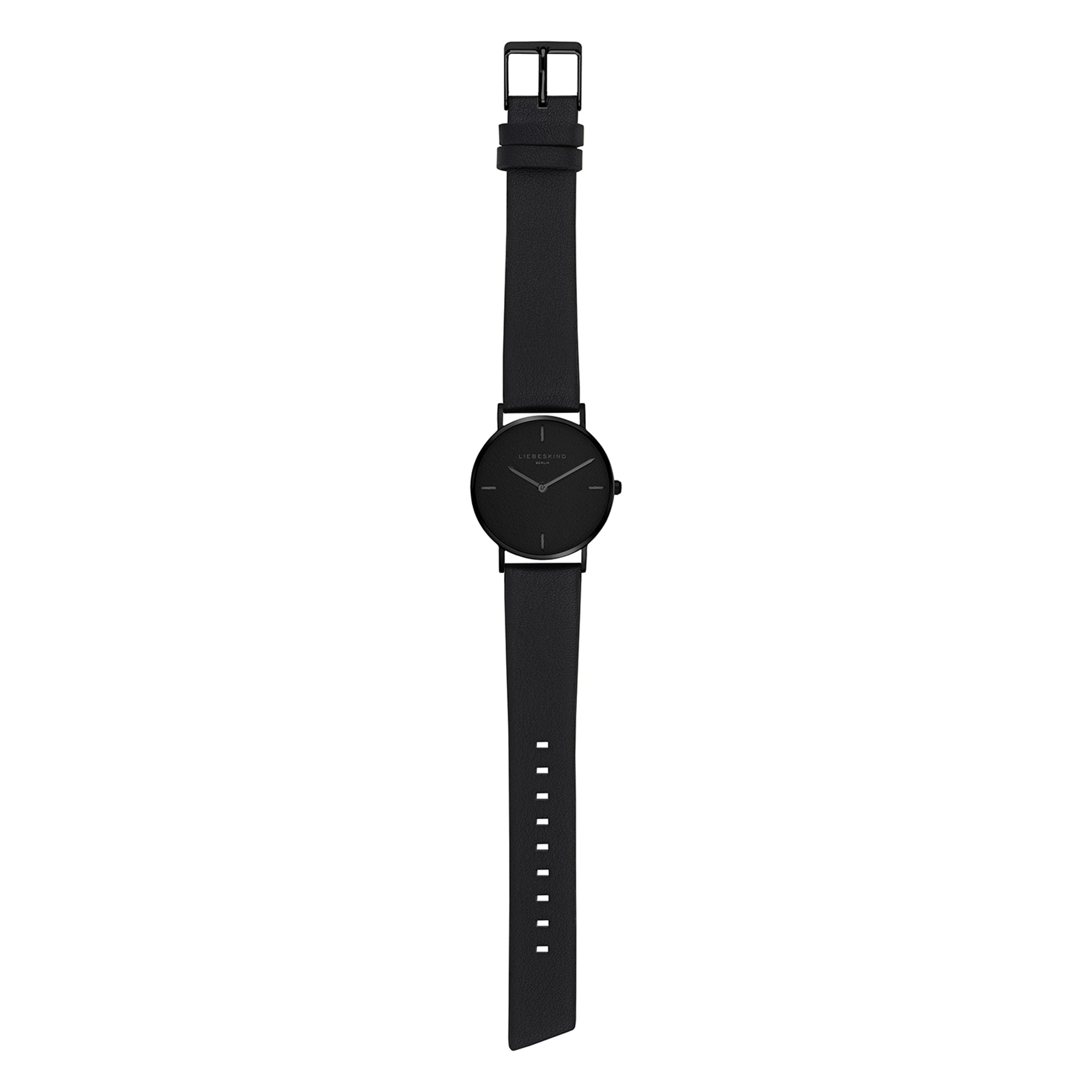 Liebeskind Berlin Armbanduhr mit schwarzem Zifferblatt aus Leder und vier Nähten als Indizes, schwarzen Zeigern, schwarzem Gehäuse und braunem Lederband; Zusatzbild