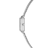 Liebeskind Berlin Armbanduhr mit silbernem Zifferblatt mit Datumsanzeige, quadratischem silbernem Gehäuse und silbernem Meshband Seitenansicht