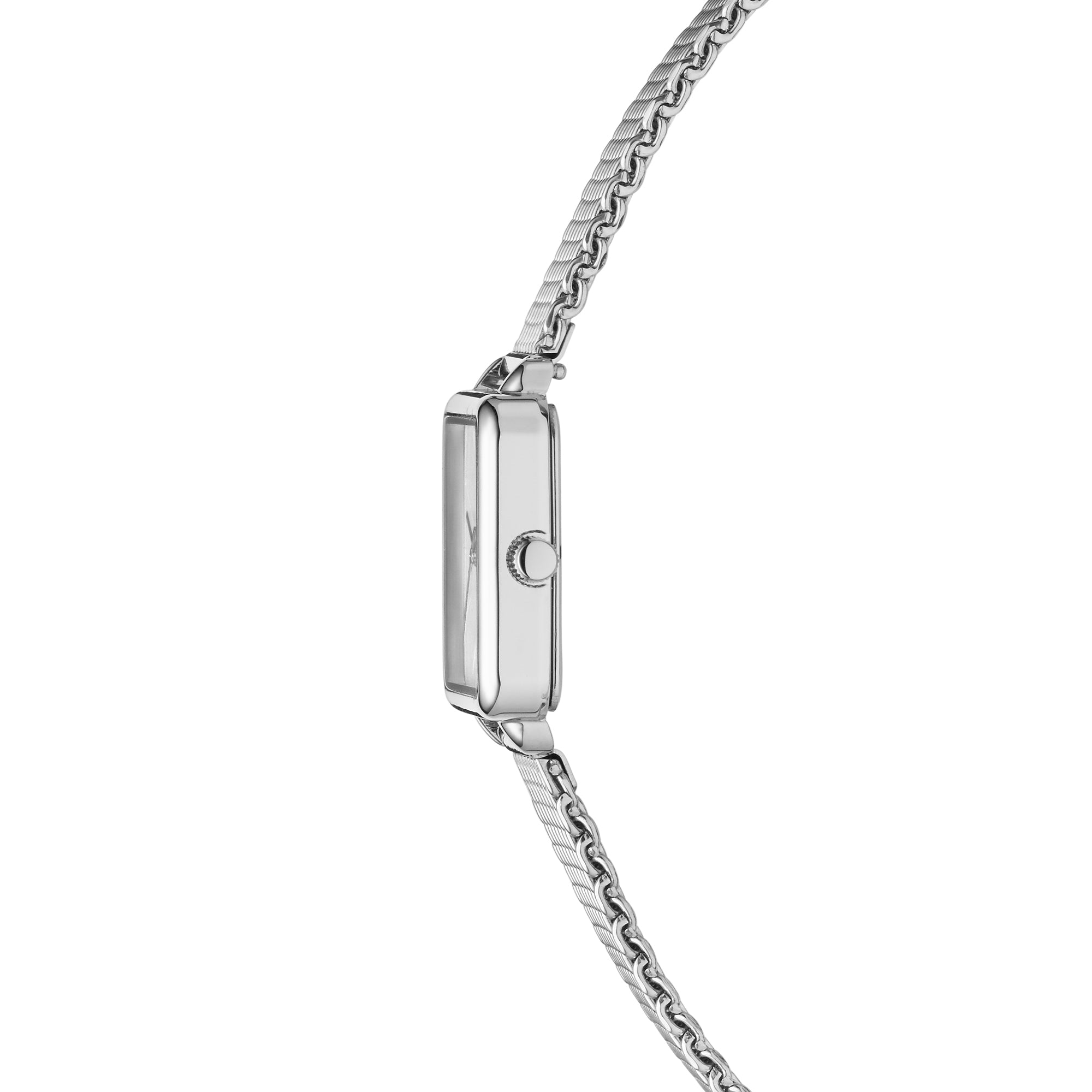 Liebeskind Berlin Armbanduhr mit silbernem Zifferblatt mit Datumsanzeige, quadratischem silbernem Gehäuse und silbernem Meshband Seitenansicht