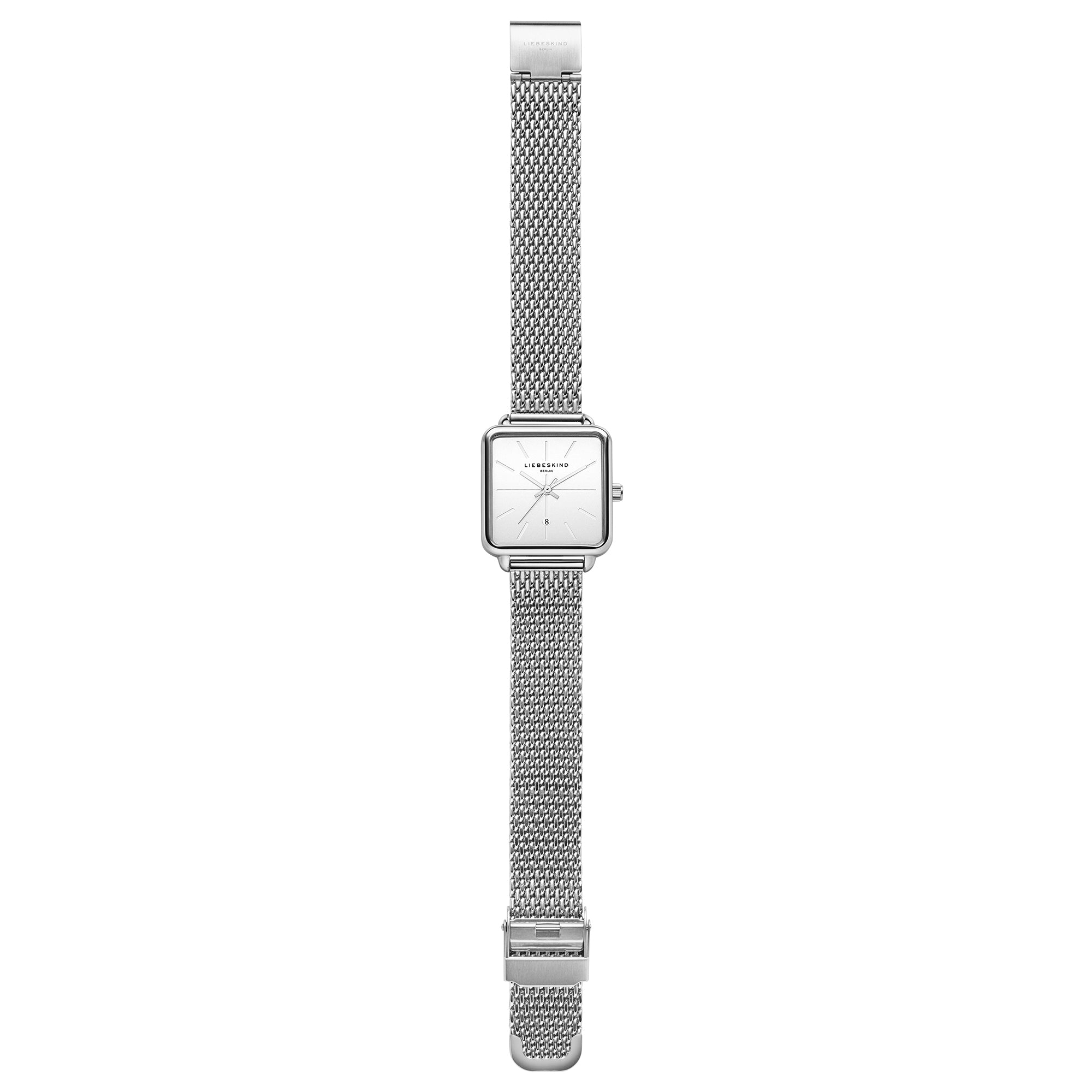 Liebeskind Berlin Armbanduhr mit silbernem Zifferblatt mit Datumsanzeige, quadratischem silbernem Gehäuse und silbernem Meshband Zusatzbild
