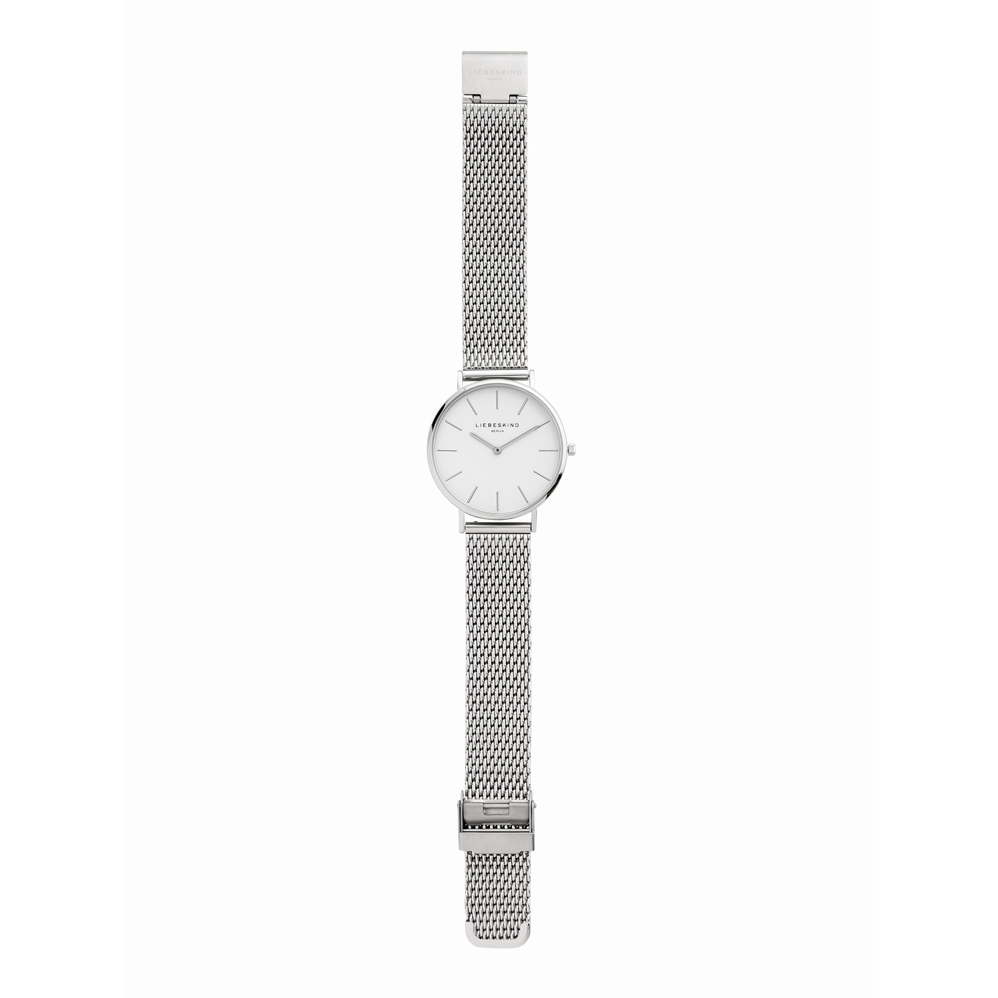 Liebeskind Berlin Armbanduhr mit silbernen Indizes, silbernem Gehäuse und silbernem Meshband; Zusatzbild