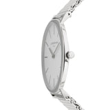 Liebeskind Berlin Armbanduhr mit silbernen Indizes, silbernem Gehäuse und silbernem Meshband; Seitenansicht