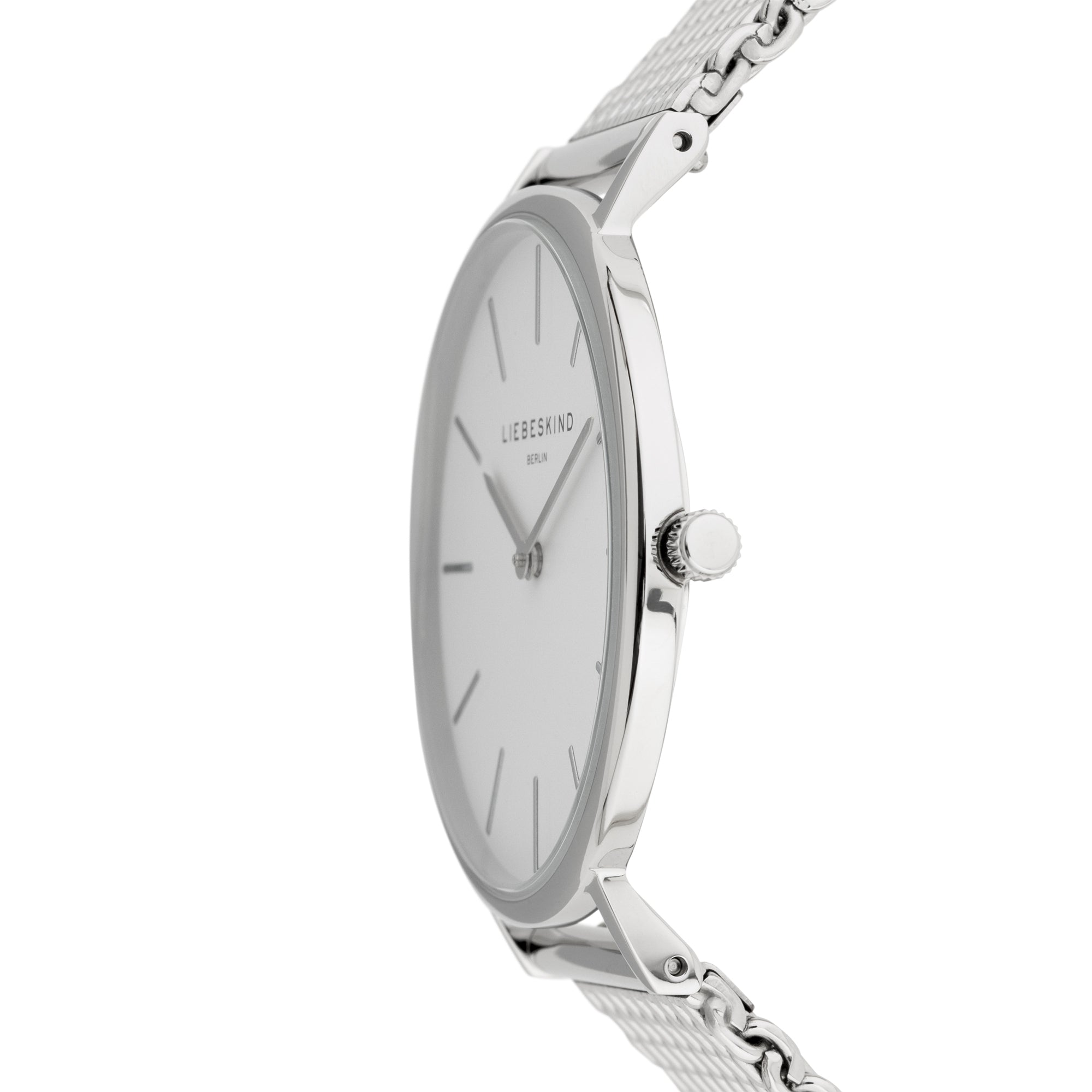 Liebeskind Berlin Armbanduhr mit silbernen Indizes, silbernem Gehäuse und silbernem Meshband; Seitenansicht