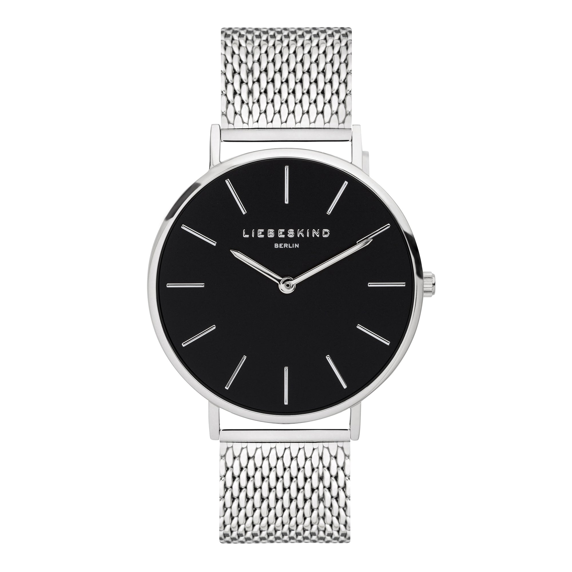 Liebeskind Berlin Armbanduhr mit schwarzem Zifferblatt, silbernem Gehäuse und silbernem Meshband; Produktbild