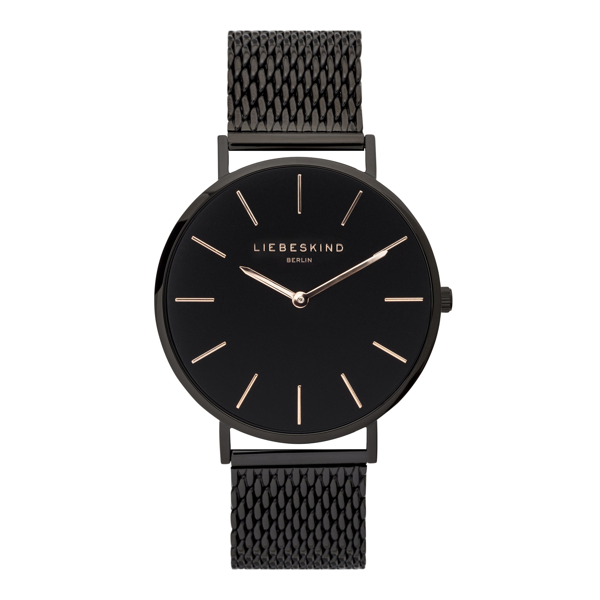 Liebeskind Berlin Armbanduhr mit schwarzem Zifferblatt, silbernen Indizes, schwarzem Gehäuse und schwarzem Meshband; Produktbild
