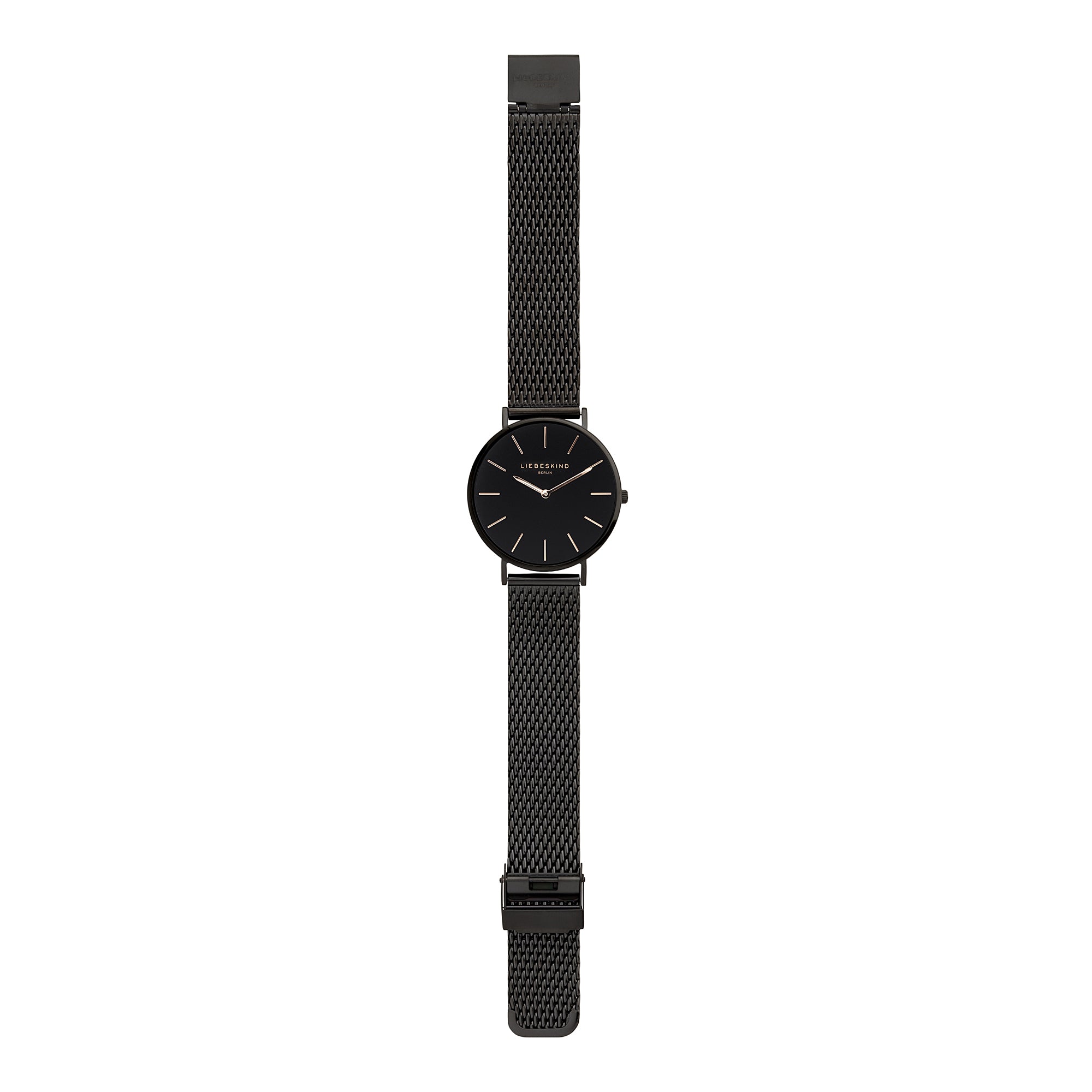 Liebeskind Berlin Armbanduhr mit schwarzem Zifferblatt, silbernen Indizes, schwarzem Gehäuse und schwarzem Meshband; Zusatzbild