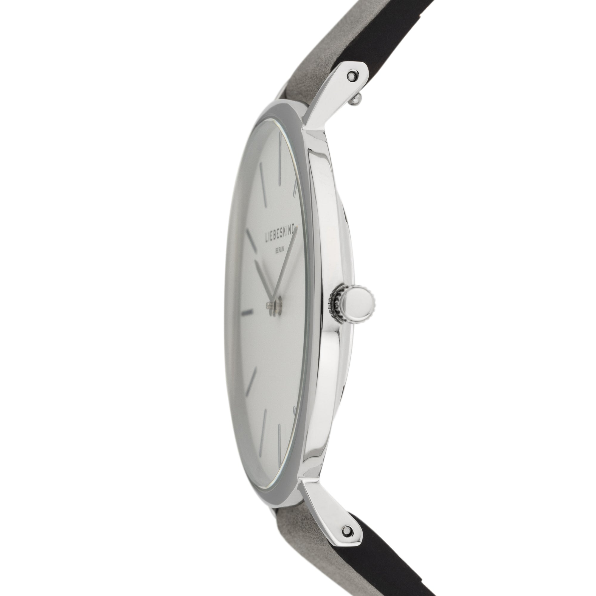 Liebeskind Berlin Armbanduhr mit silbernem Gehäuse und grauem Lederband; Seitenansicht
