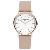 Liebeskind Berlin Armbanduhr im minimalistischen, skandinavischen Design mit roségoldenem Gehäuse und beigem Lederband; Produktbild