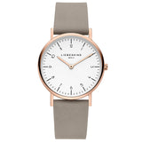 Liebeskind Berlin Armbanduhr im minimalistischen, skandinavischen Design mit roségoldenem Gehäuse und grauem Lederband; Produktbild