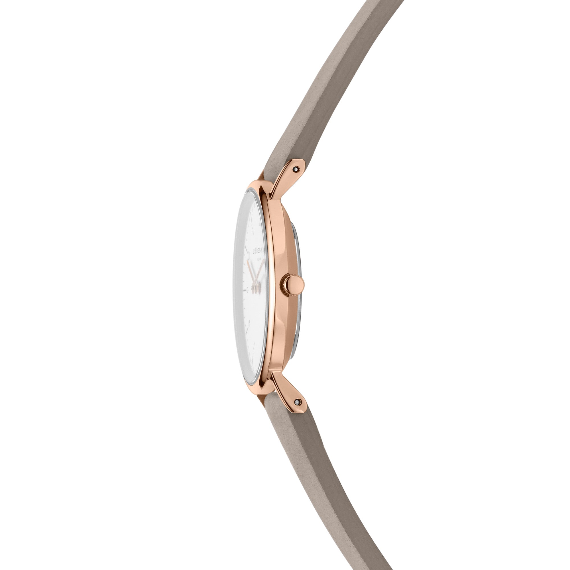Liebeskind Berlin Armbanduhr im minimalistischen, skandinavischen Design mit roségoldenem Gehäuse und grauem Lederband; Seitenansicht