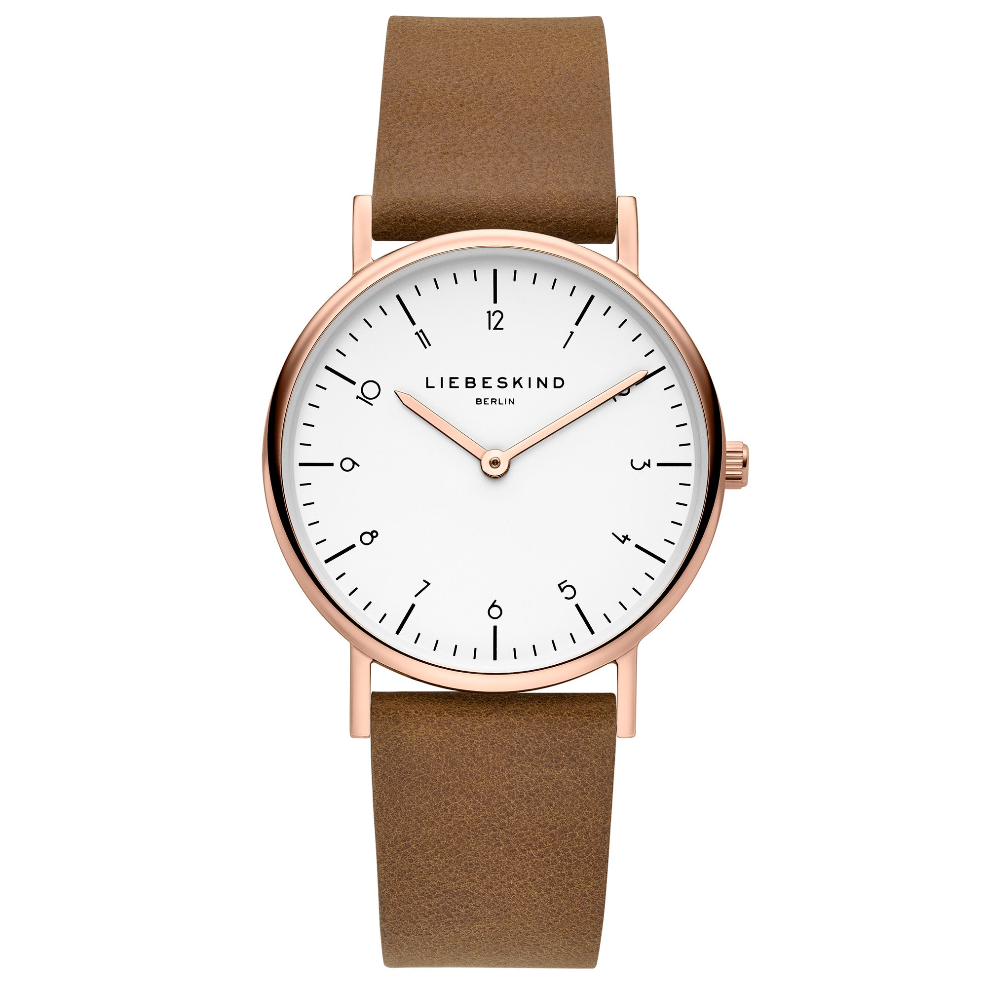 Liebeskind Berlin Armbanduhr im minimalistischen, skandinavischen Design mit roségoldenem Gehäuse und braunem Lederband; Produktbild