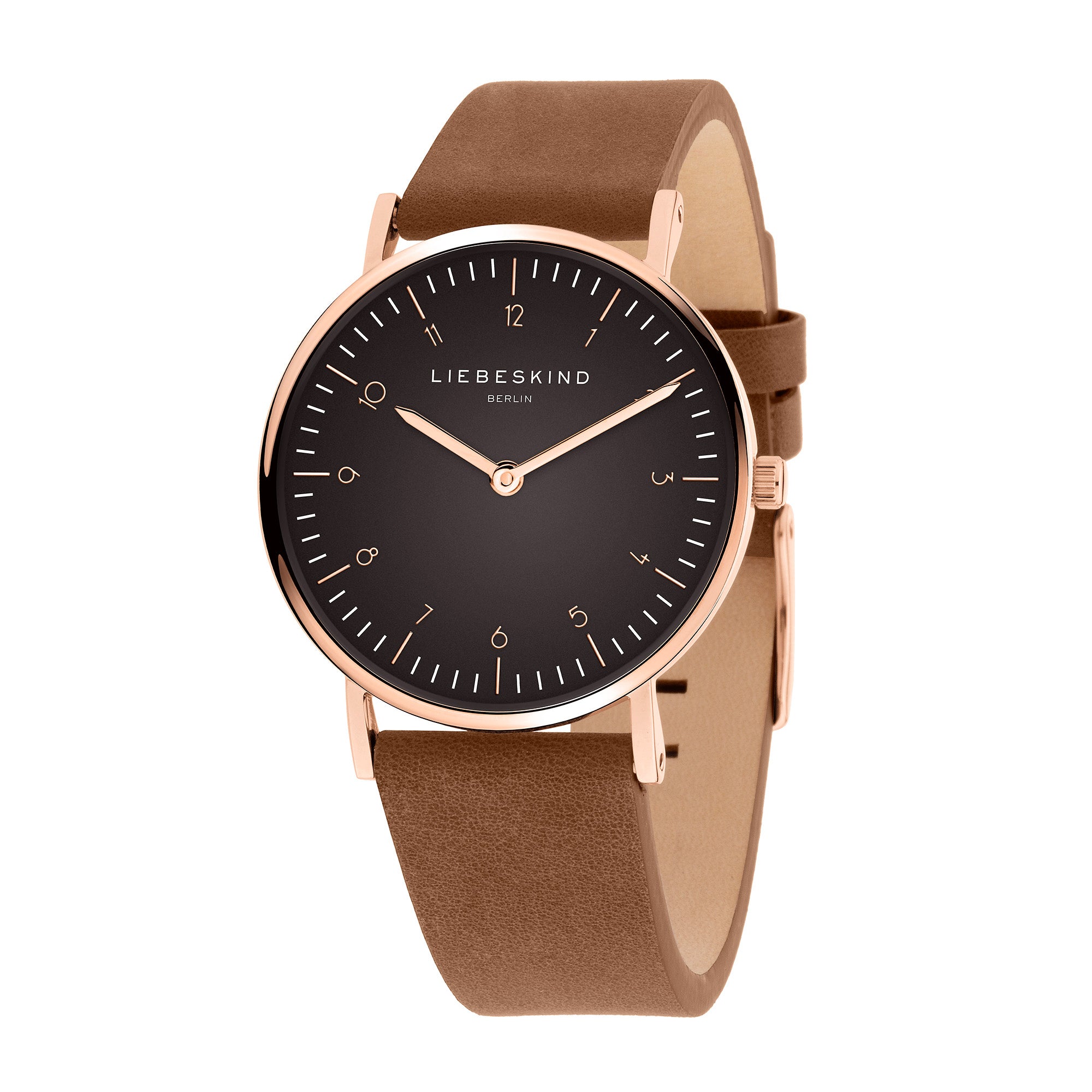 Liebeskind Berlin Armbanduhr im minimalistischen, skandinavischen Design mit schwarzem Zifferblatt, roségoldenem Gehäuse und braunem Lederband; Schrägansicht