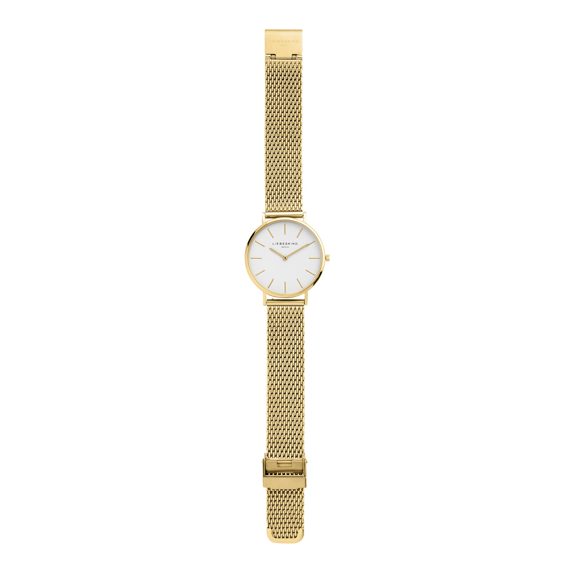 Liebeskind Berlin Armbanduhr mit goldenen Indizes, goldenem Gehäuse und goldenem Meshband; Zusatzbild