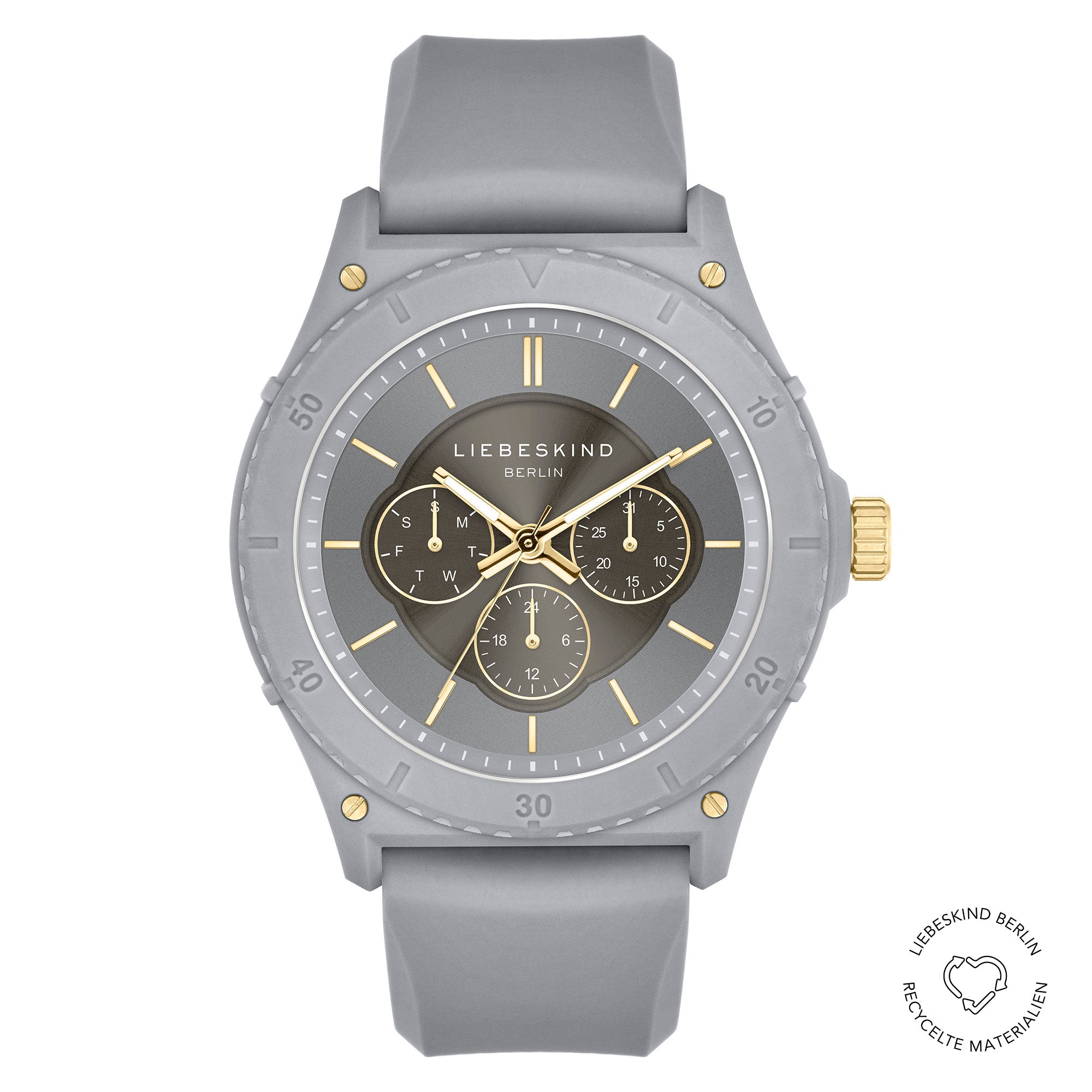 Liebeskind Berlin Armbanduhr mit grauem Zifferblatt mit goldenen Indizes und Akzenten, Multifunktionswerk, mattiertem, grauem Gehäuse und grauem Silikonband; Produktbild