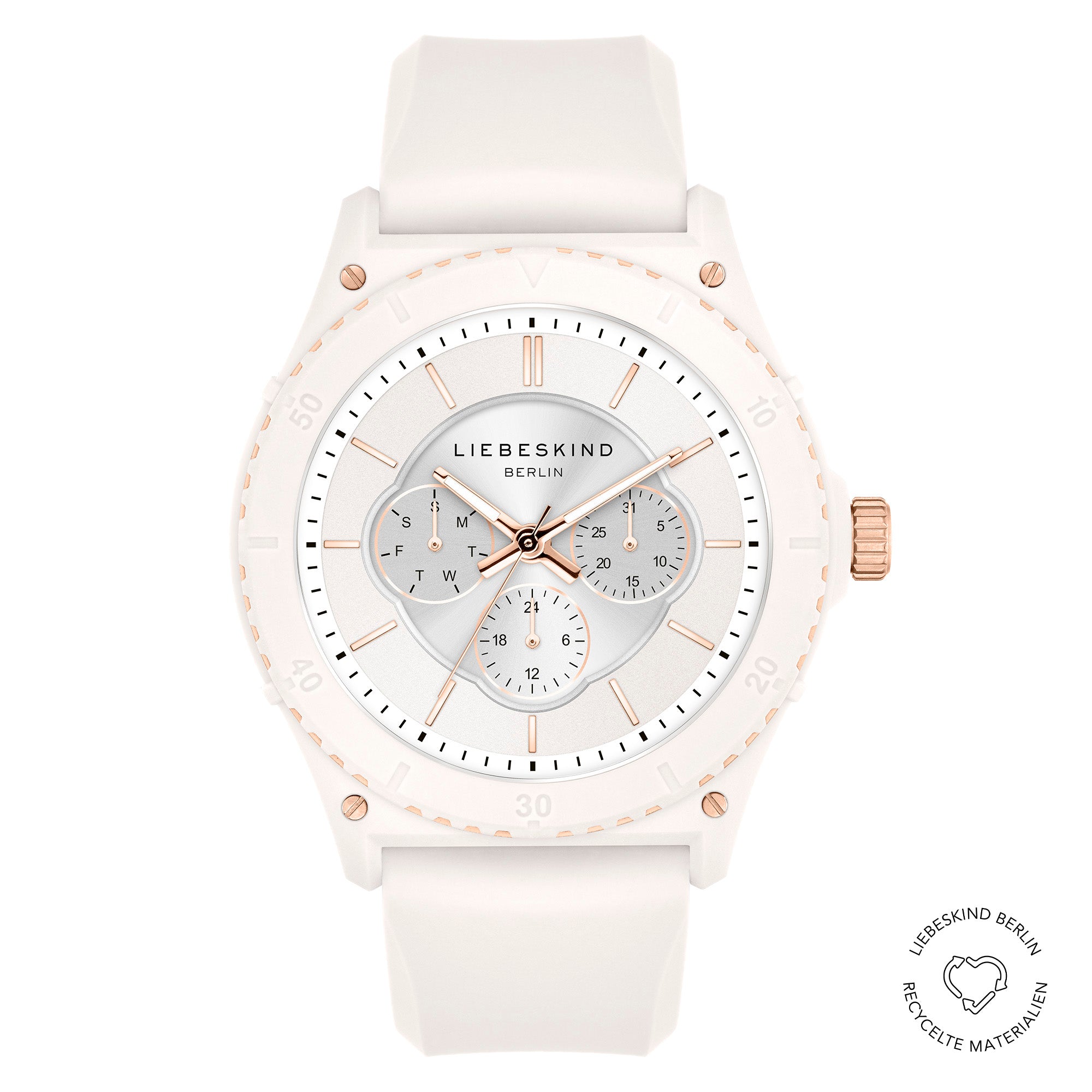 Liebeskind Berlin Armbanduhr mit Zifferblatt mit roségoldenen Indizes und silbernen Details, Multifunktionswerk, mattiertem, weißem Gehäuse und weißem Silikonband; Produktbild