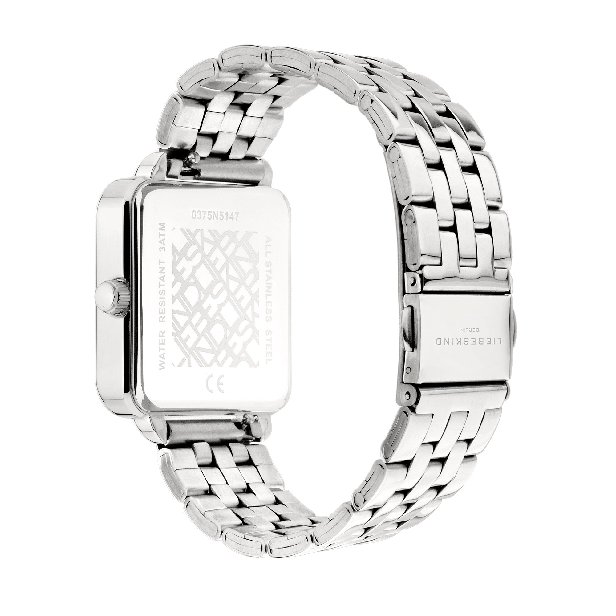 Liebeskind Berlin Armbanduhr mit silbernem Zifferblatt, silbernem, qudratischem Gehäuse und silbernem Edelstahlband; Rückansicht