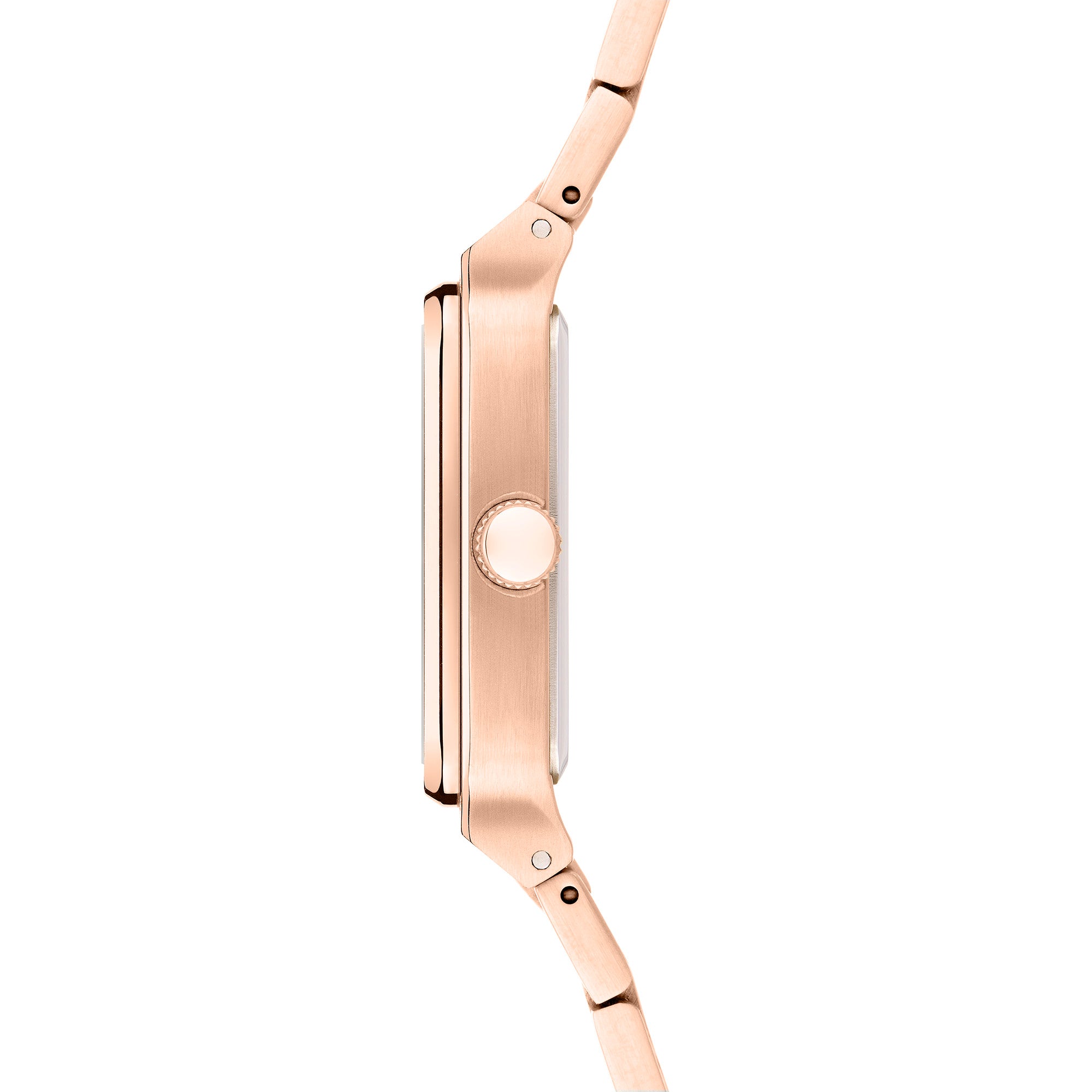Liebeskind Berlin Armbanduhr mit rotem Zifferblatt, roségoldenem, quadratischem Gehäuse und roségoldenem Edelstahlband; Seitenansicht