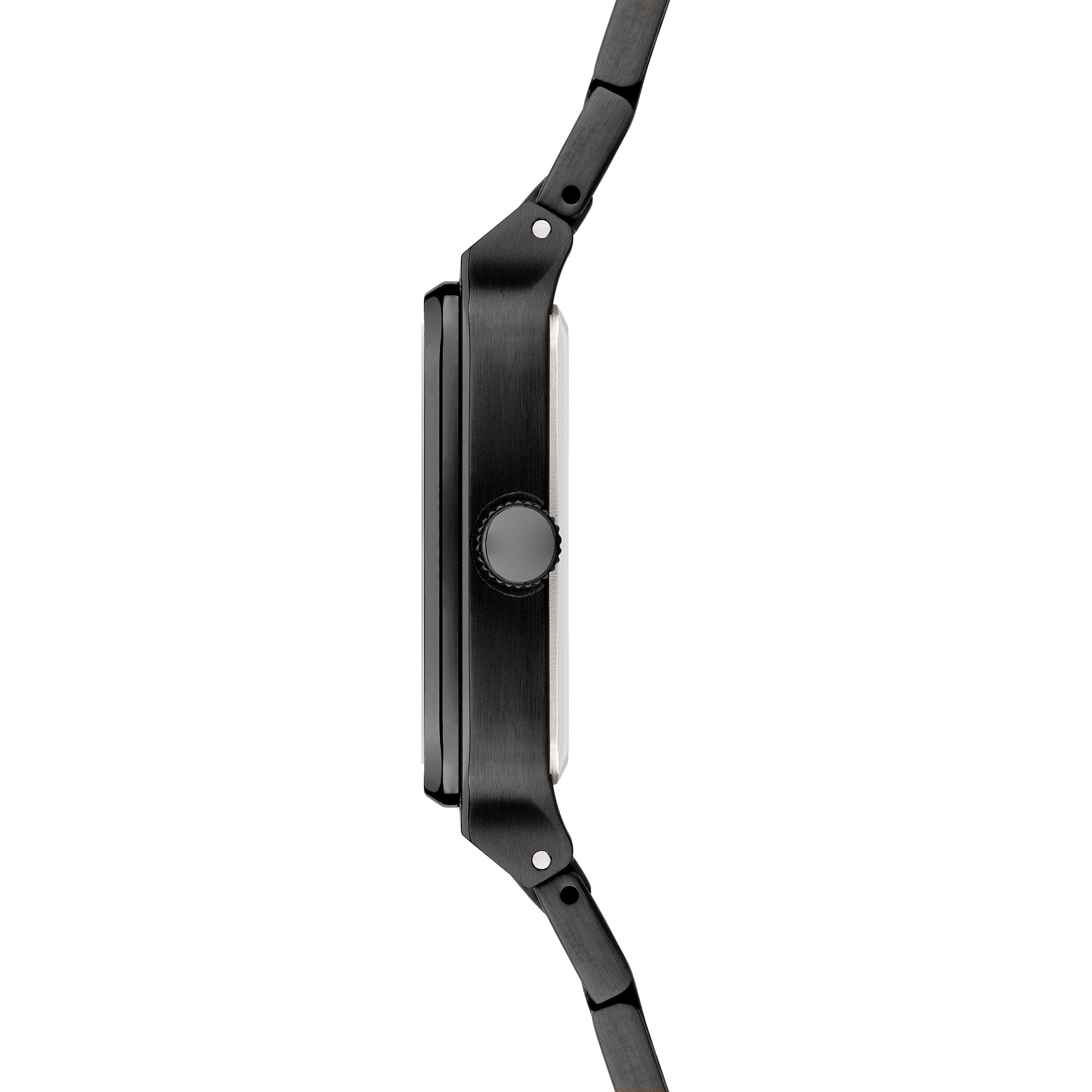 Seitenansicht der LIEBESKIND BERLIN Armbanduhr - The Square Minimalist von Liebeskind Berlin, mit schwarzem Armband, runder Krone und elegantem Quarzwerk.