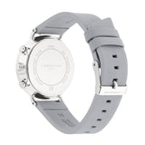Rückansicht der LIEBESKIND BERLIN Armbanduhr - The Blue-Grey Multifunktion von Liebeskind Berlin, mit silbernem Edelstahlgehäuse und hellgrauem Silikonarmband.