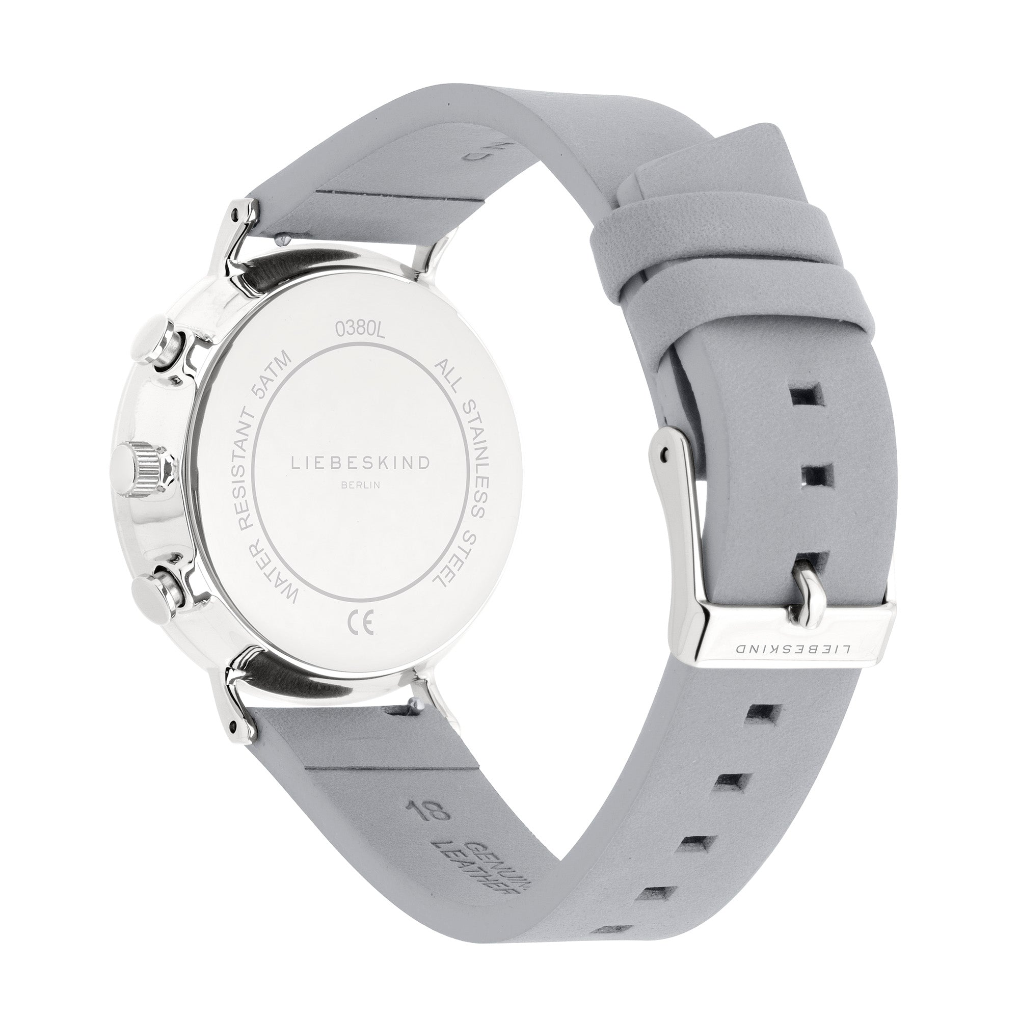 Rückansicht der LIEBESKIND BERLIN Armbanduhr - The Blue-Grey Multifunktion von Liebeskind Berlin, mit silbernem Edelstahlgehäuse und hellgrauem Silikonarmband.