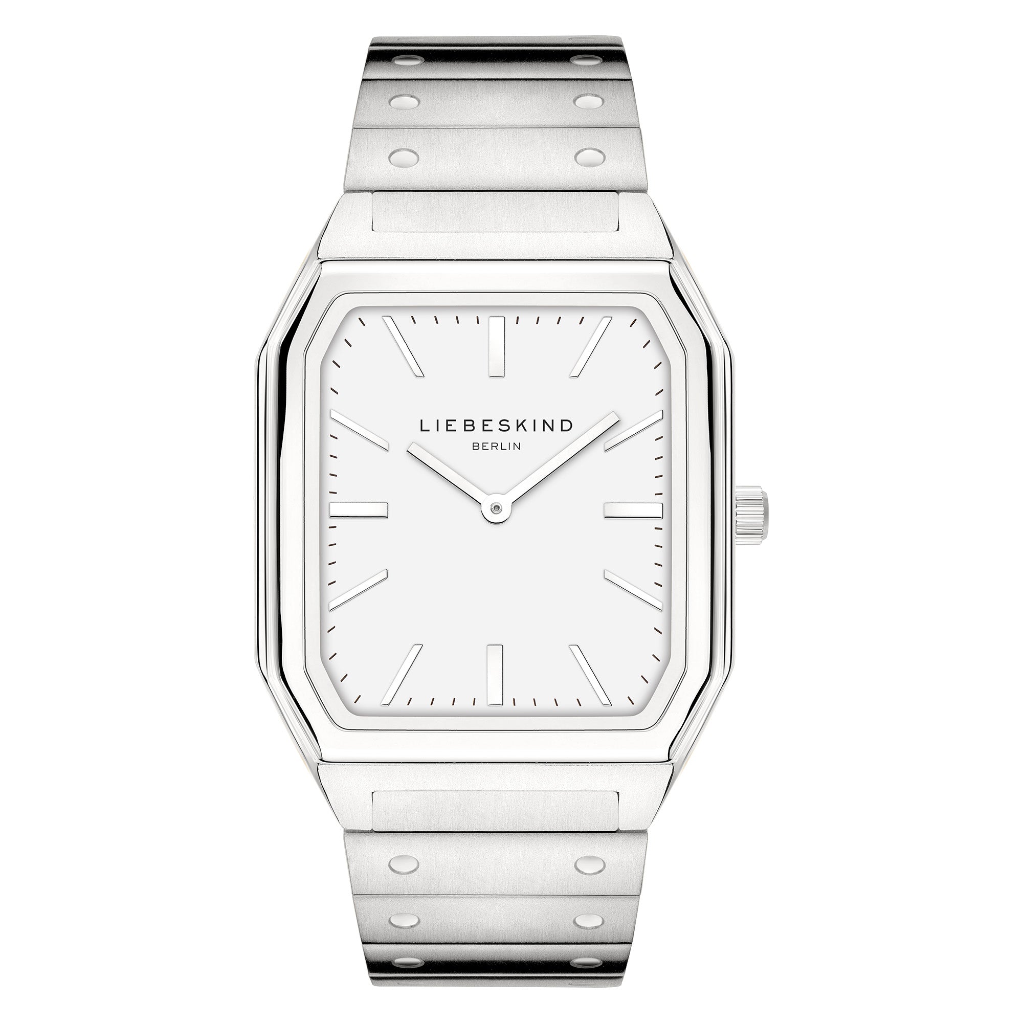 Elegante Damenuhr: Die LIEBESKIND BERLIN Armbanduhr - The Basic Staple mit silbernem rechteckigen Edelstahlgehäuse, weißem Zifferblatt, minimalistischen Markierungen und Metallgliederarmband von Liebeskind Berlin.