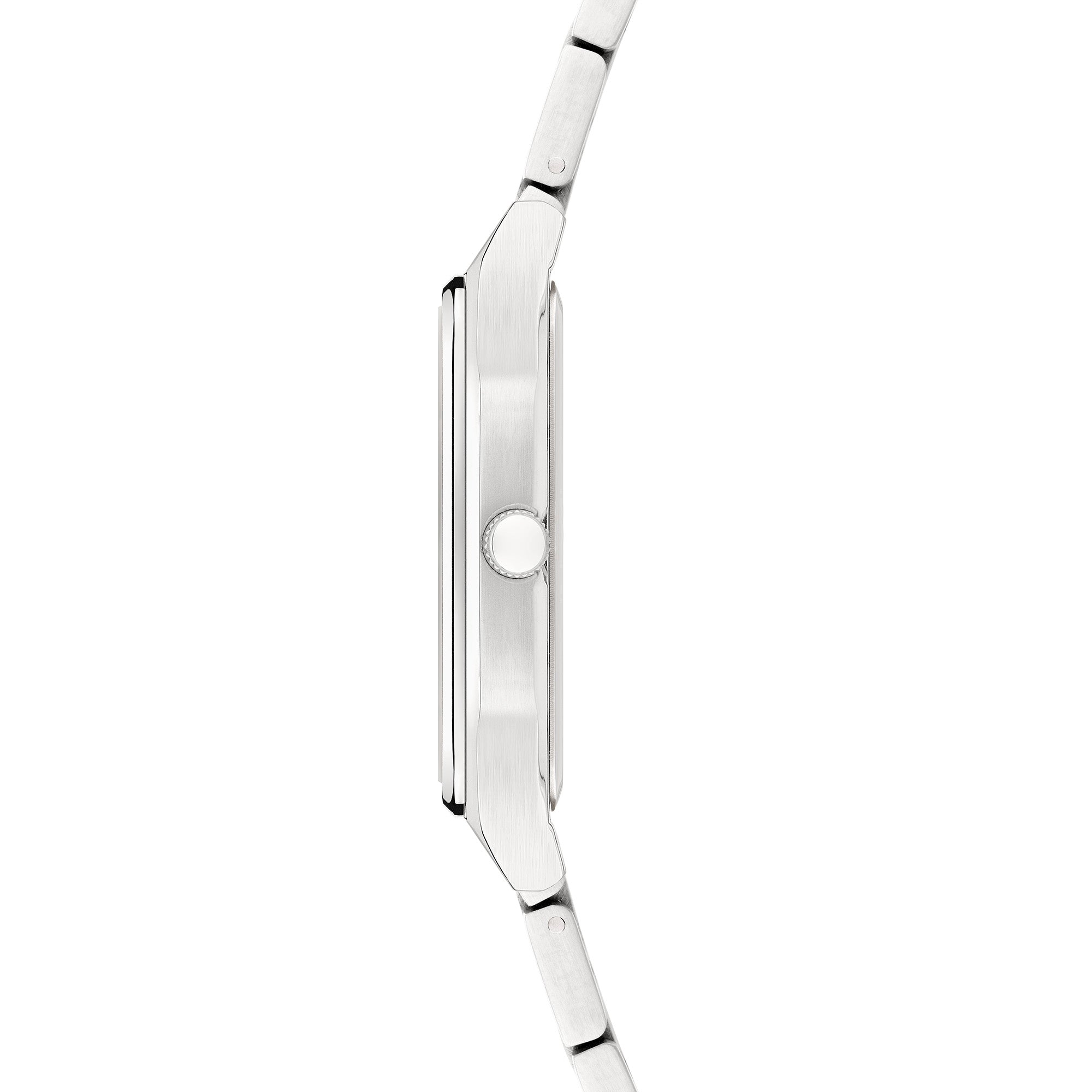 Seitenansicht der LIEBESKIND BERLIN Armbanduhr - The Basic Staple von Liebeskind Berlin. Das schlanke Design und das schlichte silberne Metallband sorgen für einen modernen Look.