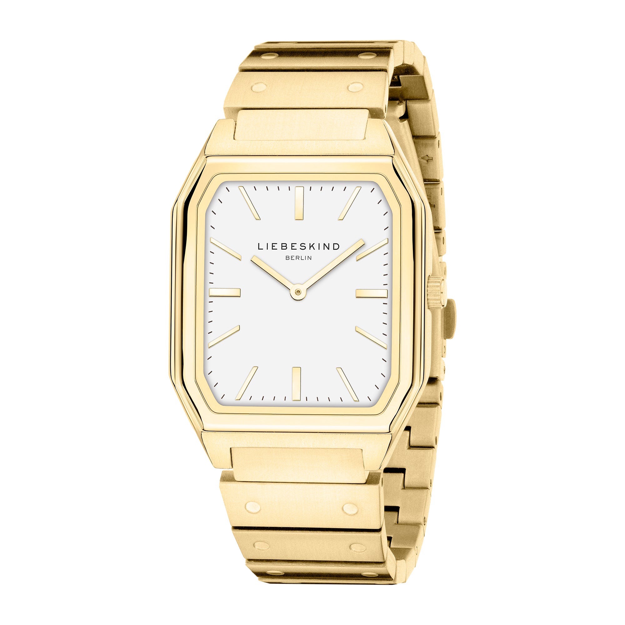 Die LIEBESKIND BERLIN Armbanduhr - The Basic Staple ist eine goldene rechteckige Damenarmbanduhr mit weißem Zifferblatt, minimalistischem Design und schlichtem Metallgliederband - ein elegantes Accessoire von Liebeskind Berlin für jeden Anlass.