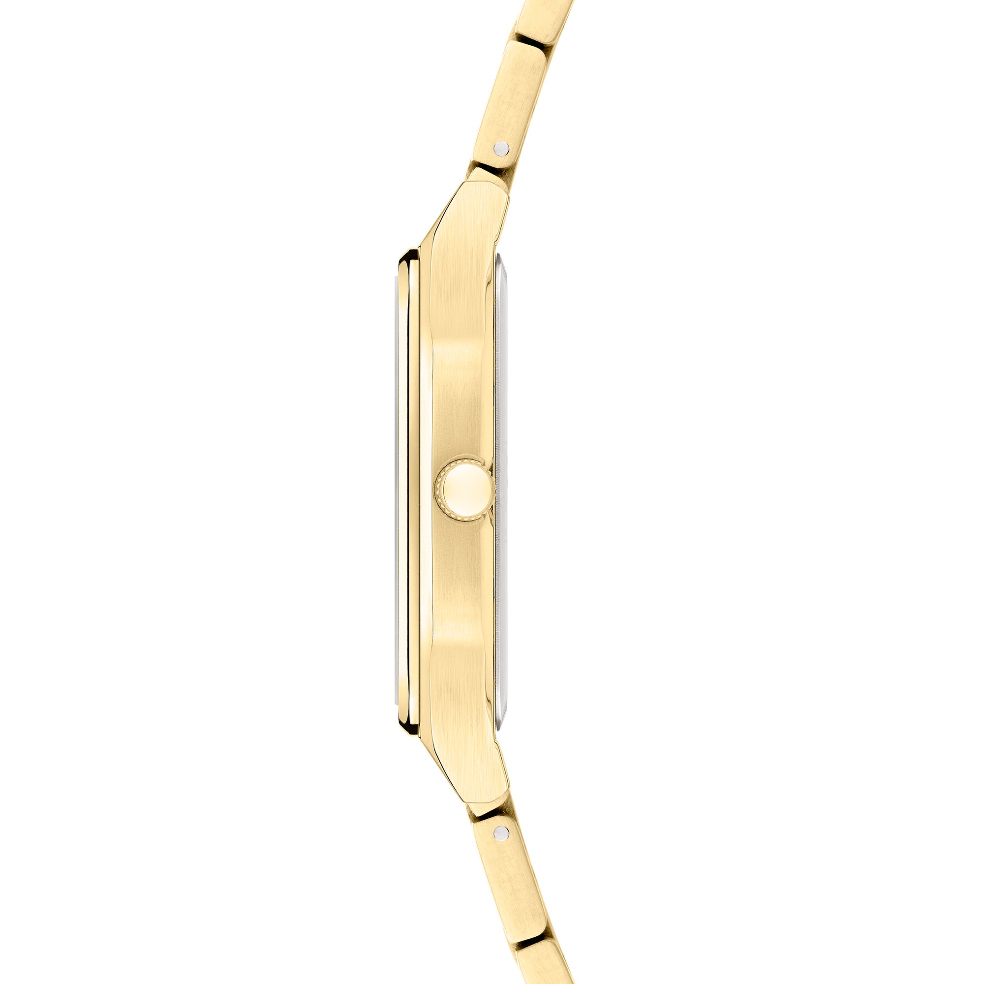 Seitenansicht der LIEBESKIND BERLIN Armbanduhr - The Basic Staple von Liebeskind Berlin in Gold, mit schlankem Gehäuse, Metallband und der Krone auf der rechten Seite.