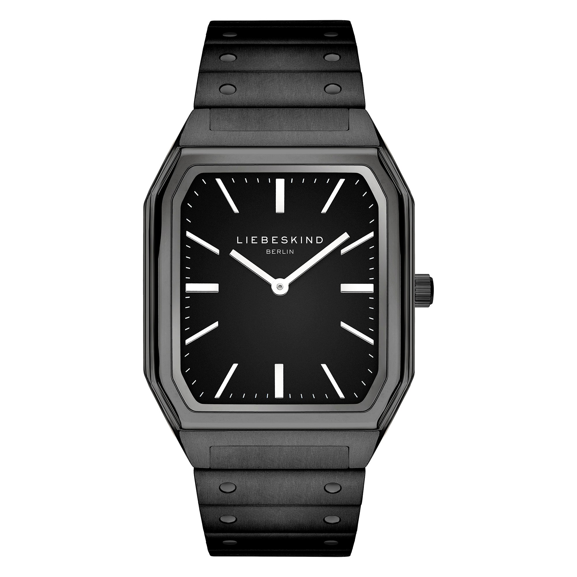 Die LIEBESKIND BERLIN Armbanduhr - The Basic Staple von Liebeskind Berlin ist eine rechteckige schwarze Edelstahluhr mit einem minimalistischen schwarzen Zifferblatt und silbernen Indexen.