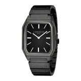 Die LIEBESKIND BERLIN Armbanduhr - The Basic Staple ist eine rechteckige schwarze Uhr mit einem minimalistischen schwarzen Zifferblatt und silbernen Indexen, die modernen Stil mit zeitloser Eleganz verbindet.