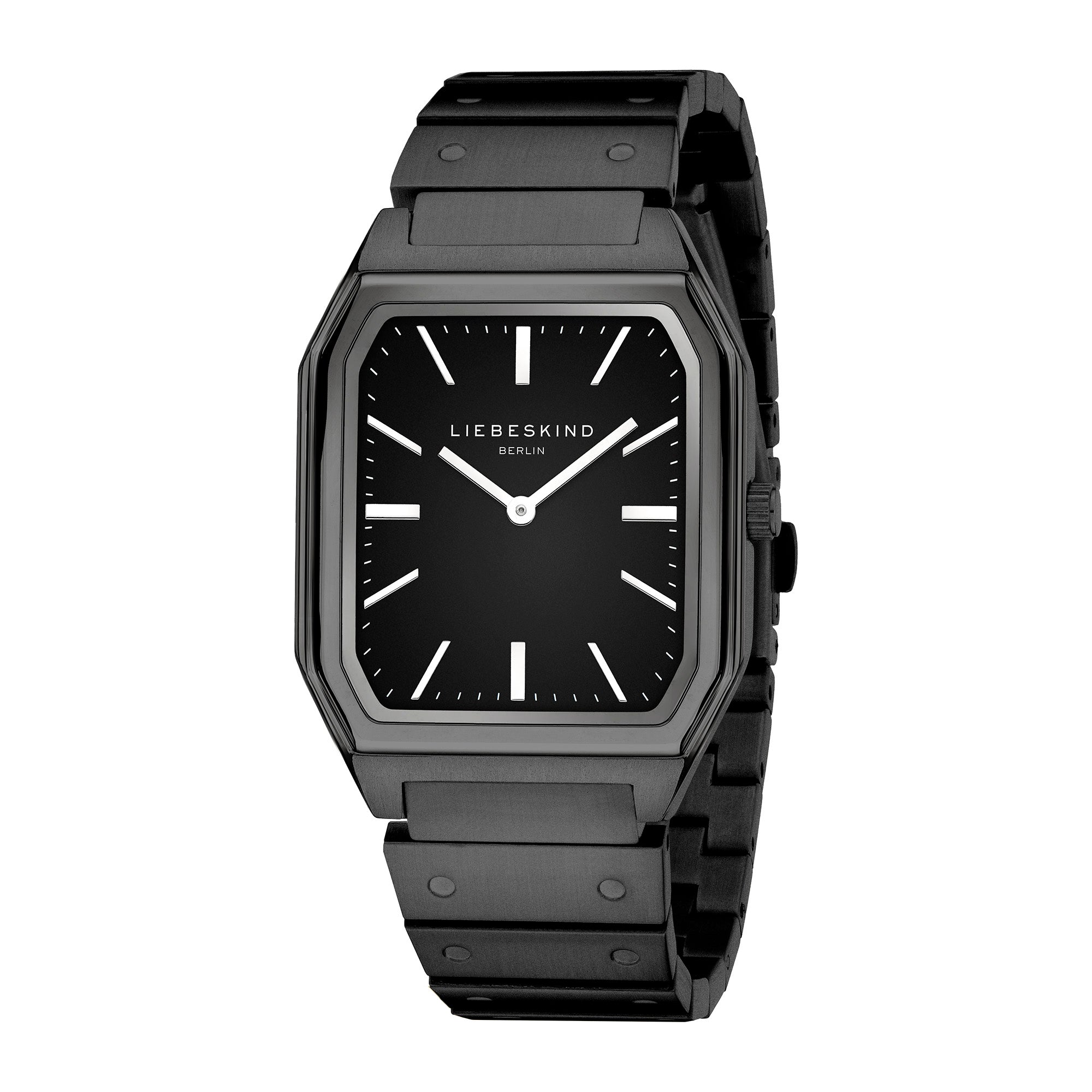 Die LIEBESKIND BERLIN Armbanduhr - The Basic Staple ist eine rechteckige schwarze Uhr mit einem minimalistischen schwarzen Zifferblatt und silbernen Indexen, die modernen Stil mit zeitloser Eleganz verbindet.