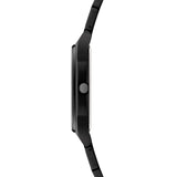Seitenansicht der Liebeskind Berlin Armbanduhr - The Basic Staple, mit schwarzem, rundem Gehäuse und sichtbarer Krone, vor weißem Hintergrund.