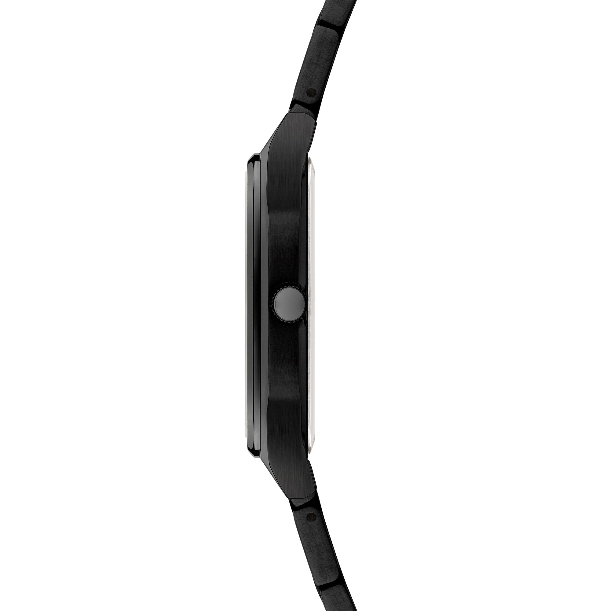 Seitenansicht der Liebeskind Berlin Armbanduhr - The Basic Staple, mit schwarzem, rundem Gehäuse und sichtbarer Krone, vor weißem Hintergrund.