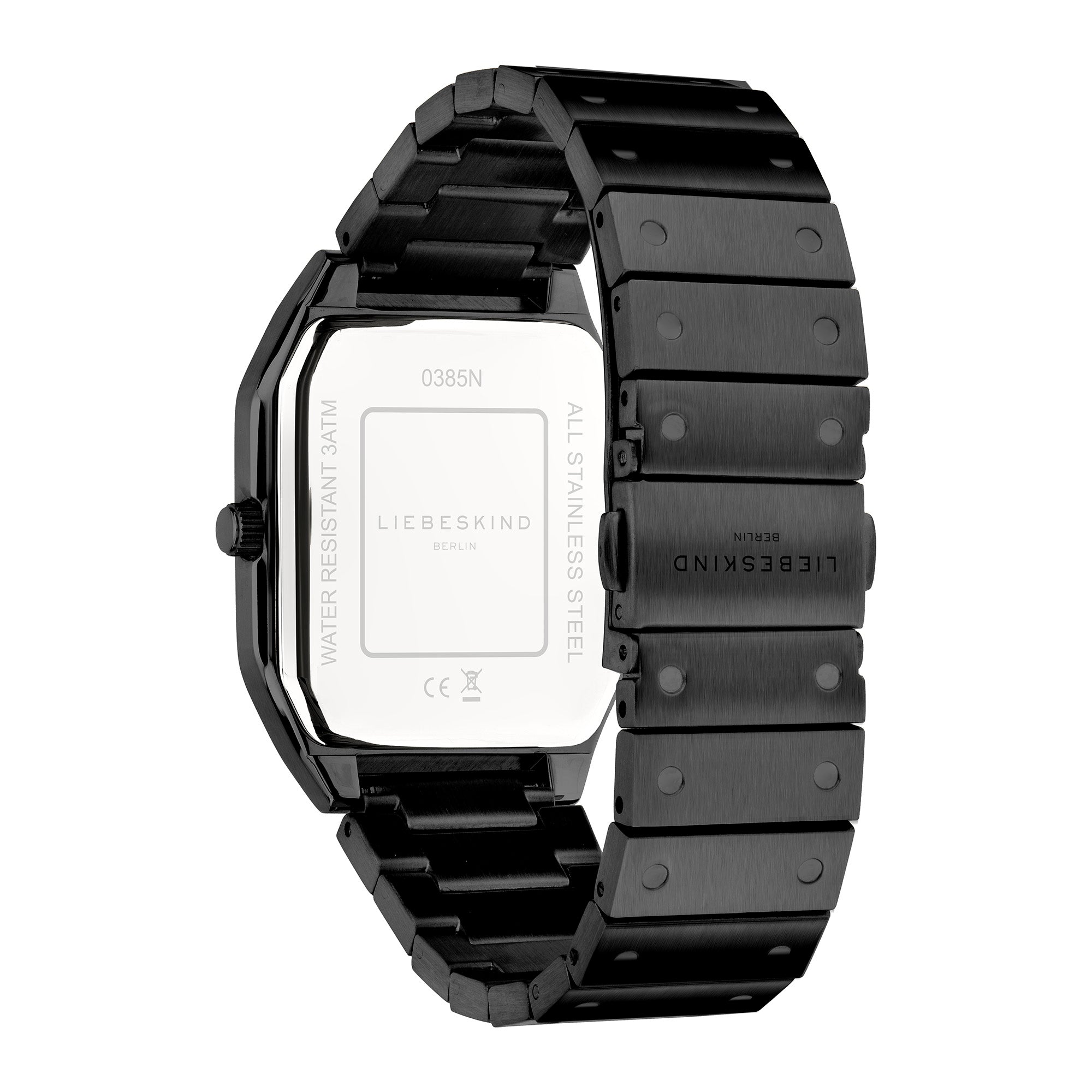 Die LIEBESKIND BERLIN Armbanduhr - The Basic Staple von Liebeskind Berlin bietet ein schlankes, schwarzes, rechteckiges Edelstahldesign für Frauen, das von der Rückseite mit einem stilvollen Branding versehen ist.