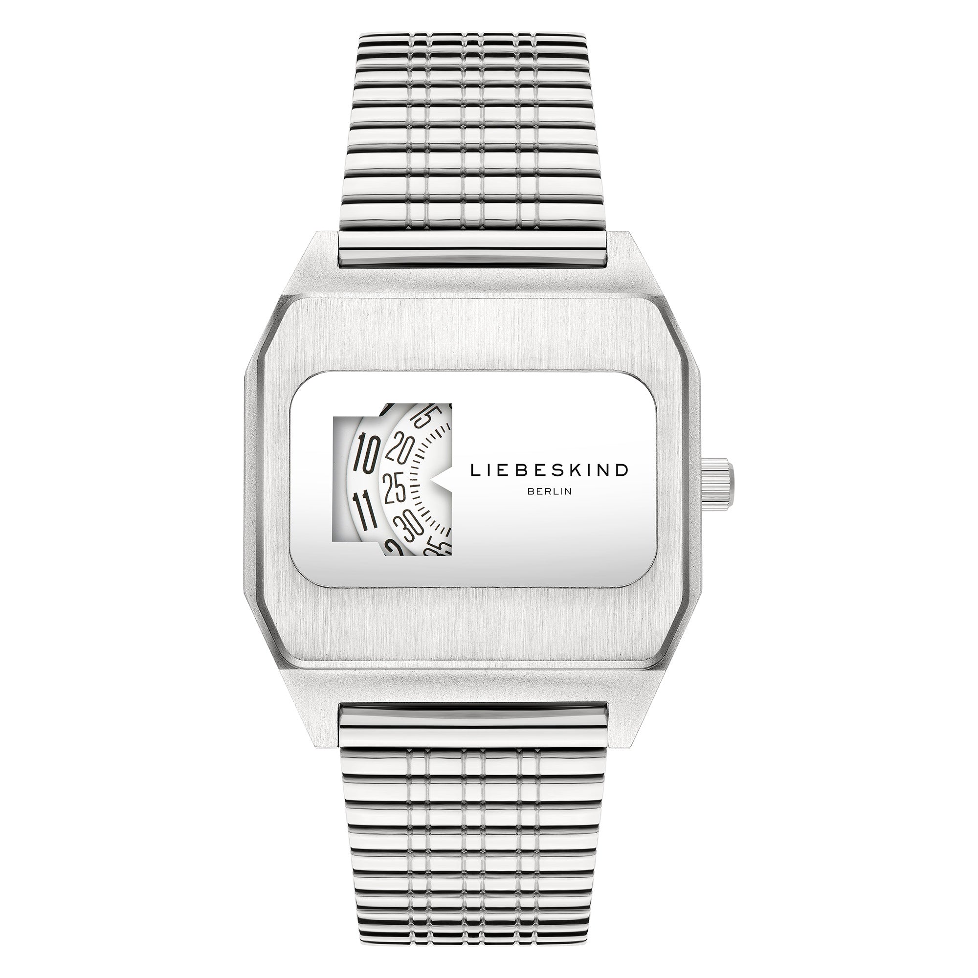 Die Liebeskind Berlin Armbanduhr - Vinyl Vision verfügt über ein silbernes, rechteckiges Zifferblatt, ein drehbares, nummeriertes Ziffernblatt und ein schlankes Edelstahlgehäuse mit Metallgliederband.