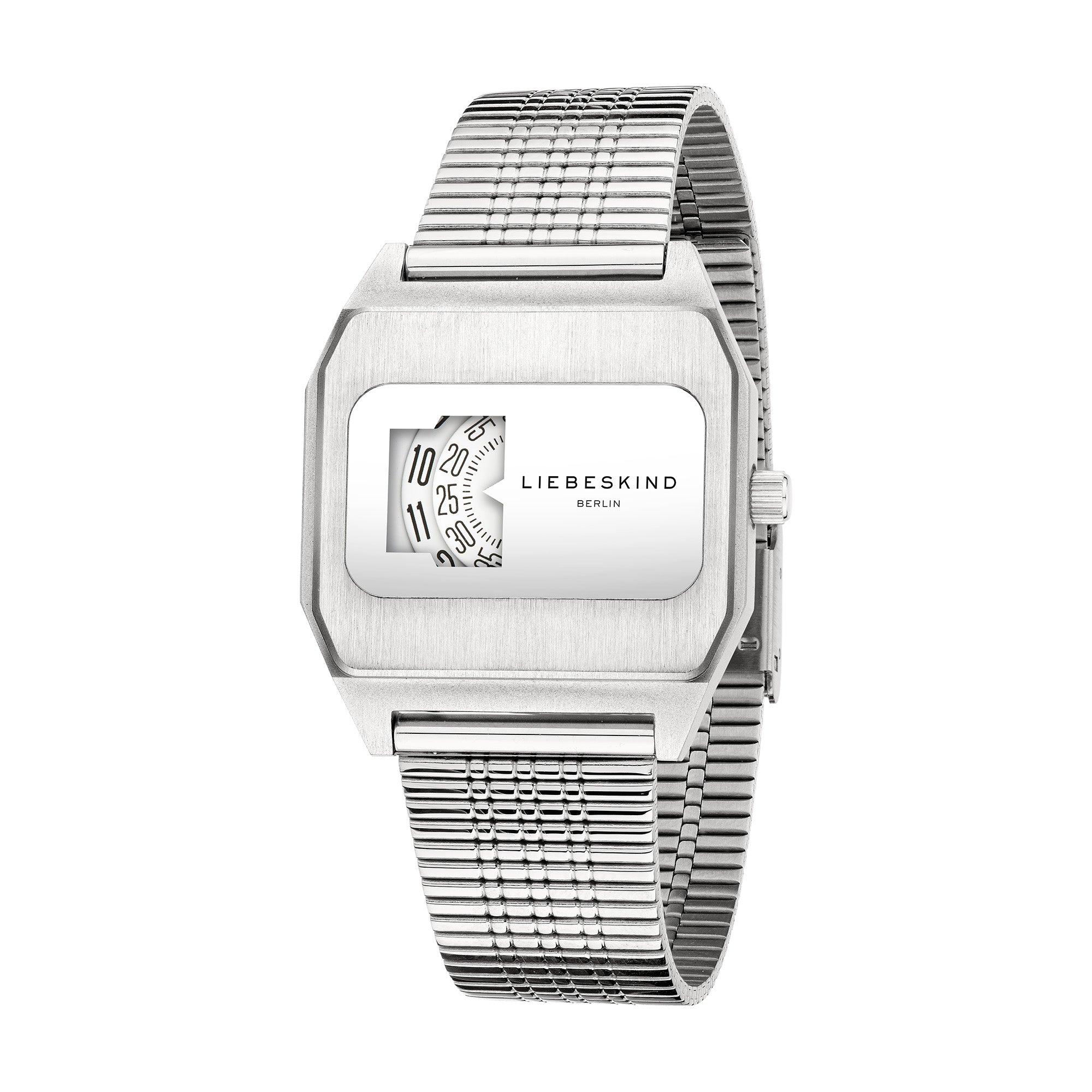 Die LIEBESKIND BERLIN Armbanduhr - Vinyl Vision verfügt über ein silbernes, rechteckiges Zifferblatt, eine markante seitliche Anzeige und ein elegantes Metallgewebeband in einem eleganten Edelstahlgehäuse.