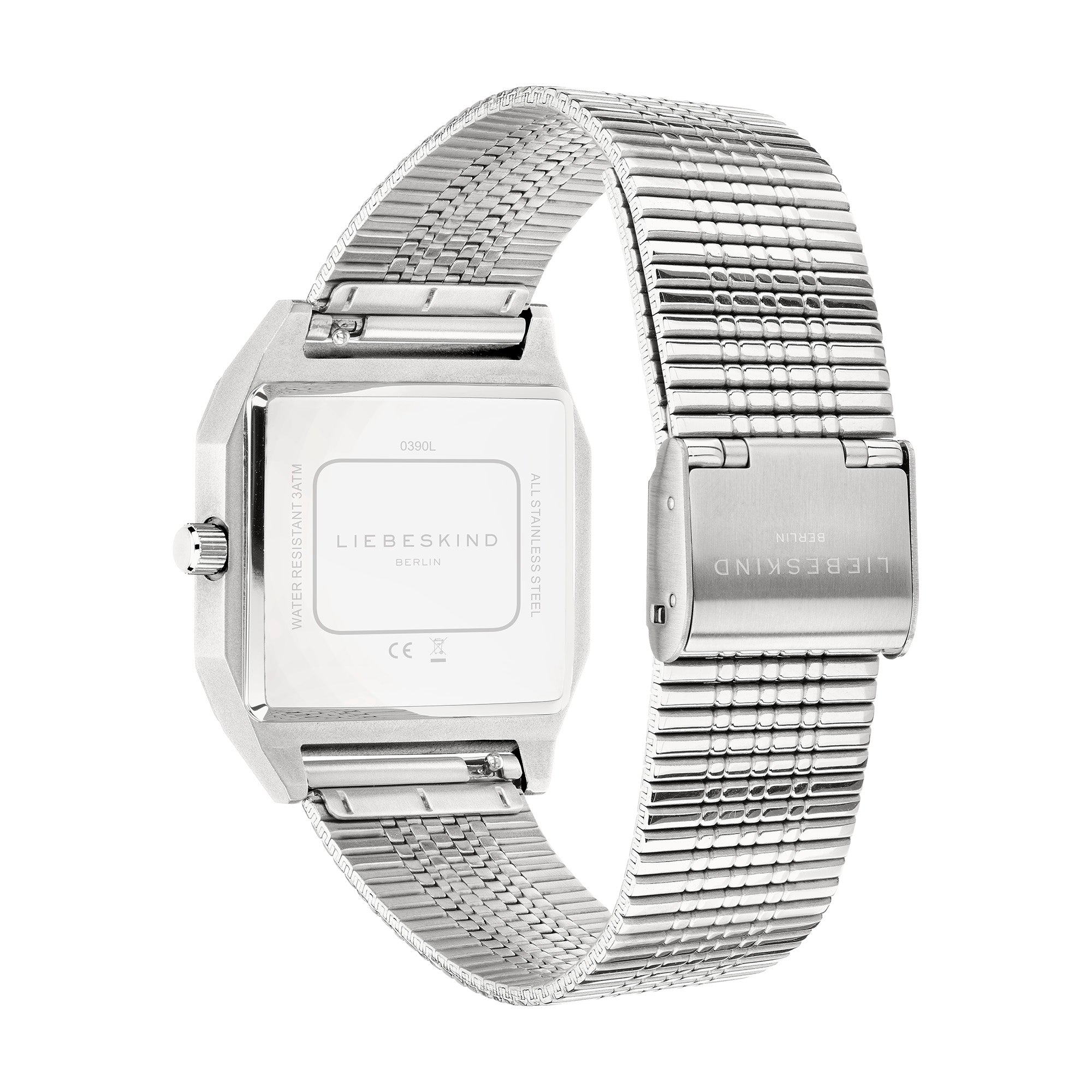 Rückansicht der LIEBESKIND BERLIN Armbanduhr - Vinyl Vision von Liebeskind Berlin, mit silbernem Edelstahlgehäuse, elegantem Metallgewebeband und Schließe.