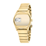 Die LIEBESKIND BERLIN Armbanduhr - Round Vinyl Vision von Liebeskind Berlin ist eine goldene Armbanduhr mit runder Digitalanzeige und verspiegeltem Zifferblatt, auf dem die Uhrzeit und der Schriftzug "Liebeskind Berlin" zu lesen sind.