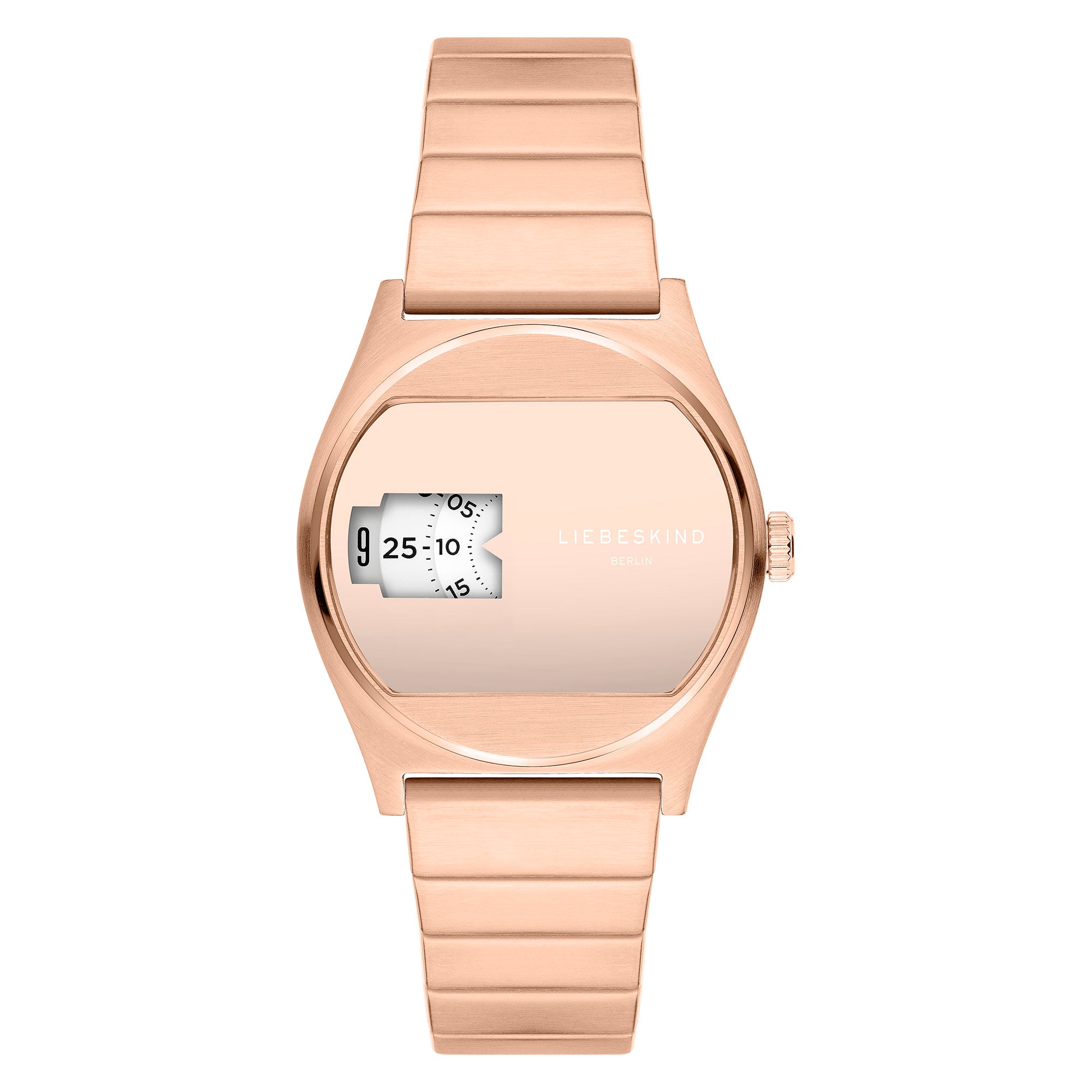 Die LIEBESKIND BERLIN Armbanduhr - Round Vinyl Vision hat ein roségoldenes Gehäuse, eine digitale Datums- und Zeitanzeige, ein versiegeltes Zifferblatt und ein elegantes Metallgliederband im Stil der 70er Jahre von Liebeskind Berlin.