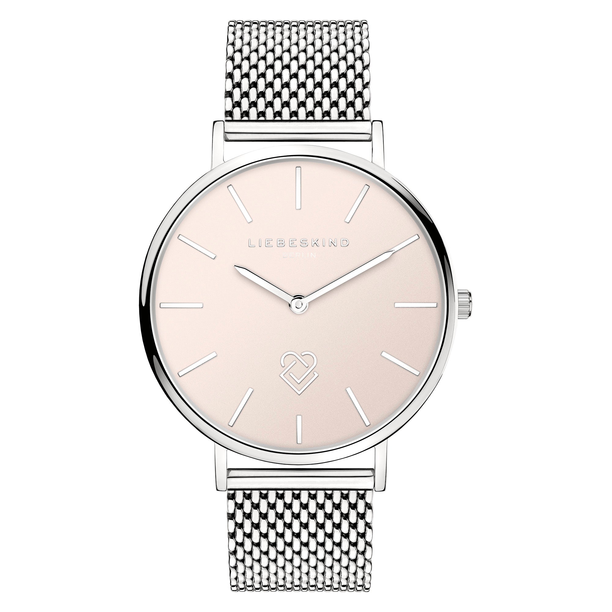Die LIEBESKIND BERLIN Armbanduhr - Keep Loving überzeugt mit Edelstahlgehäuse, silbernem Milanaisearmband und zart rosafarbenem Zifferblatt mit minimalistischen Stundenmarkierungen ohne Zahlen.