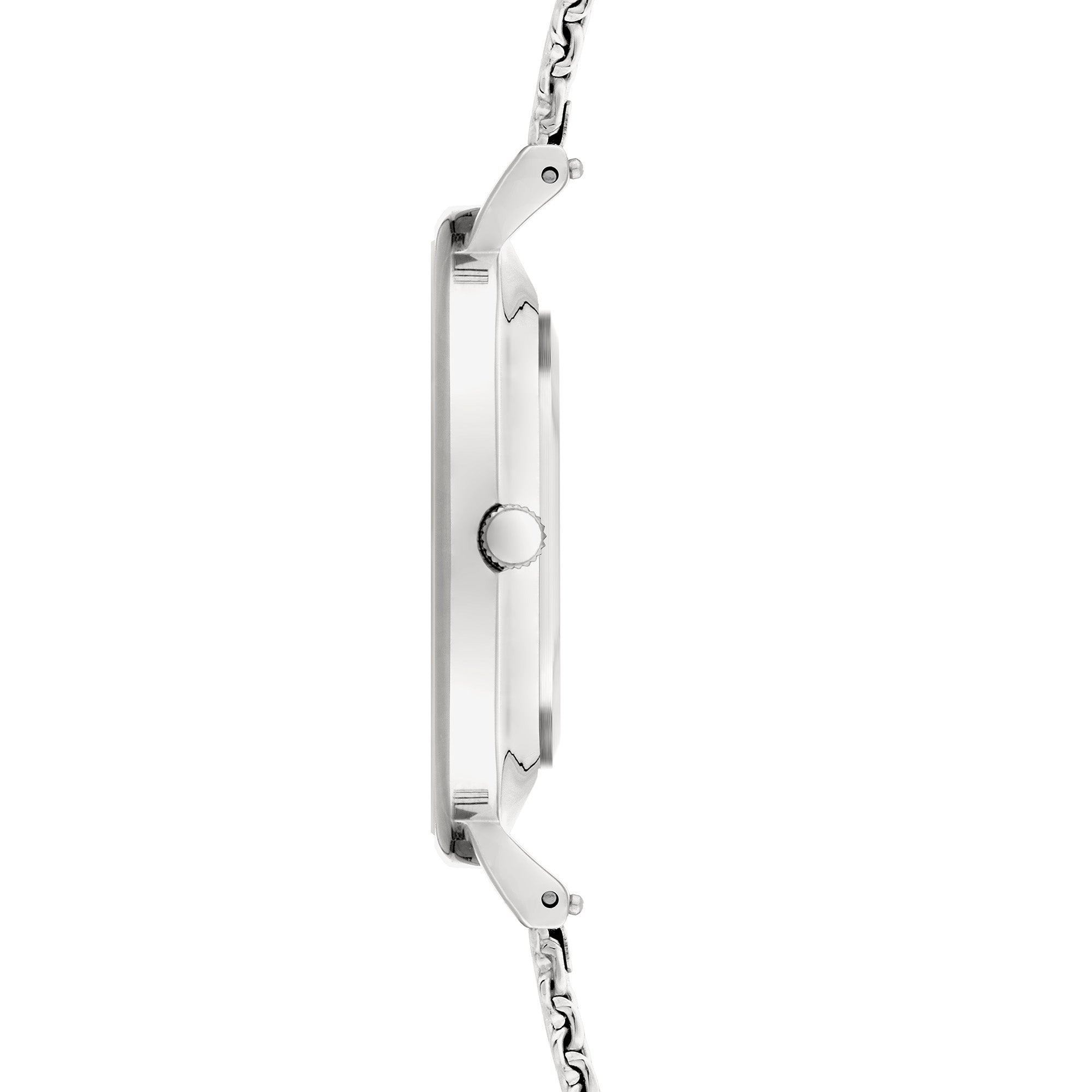 Seitenansicht der dünnen silbernen Liebeskind Berlin Armbanduhr - Keep Loving, mit einem Metallgliederband und einer runden Krone.