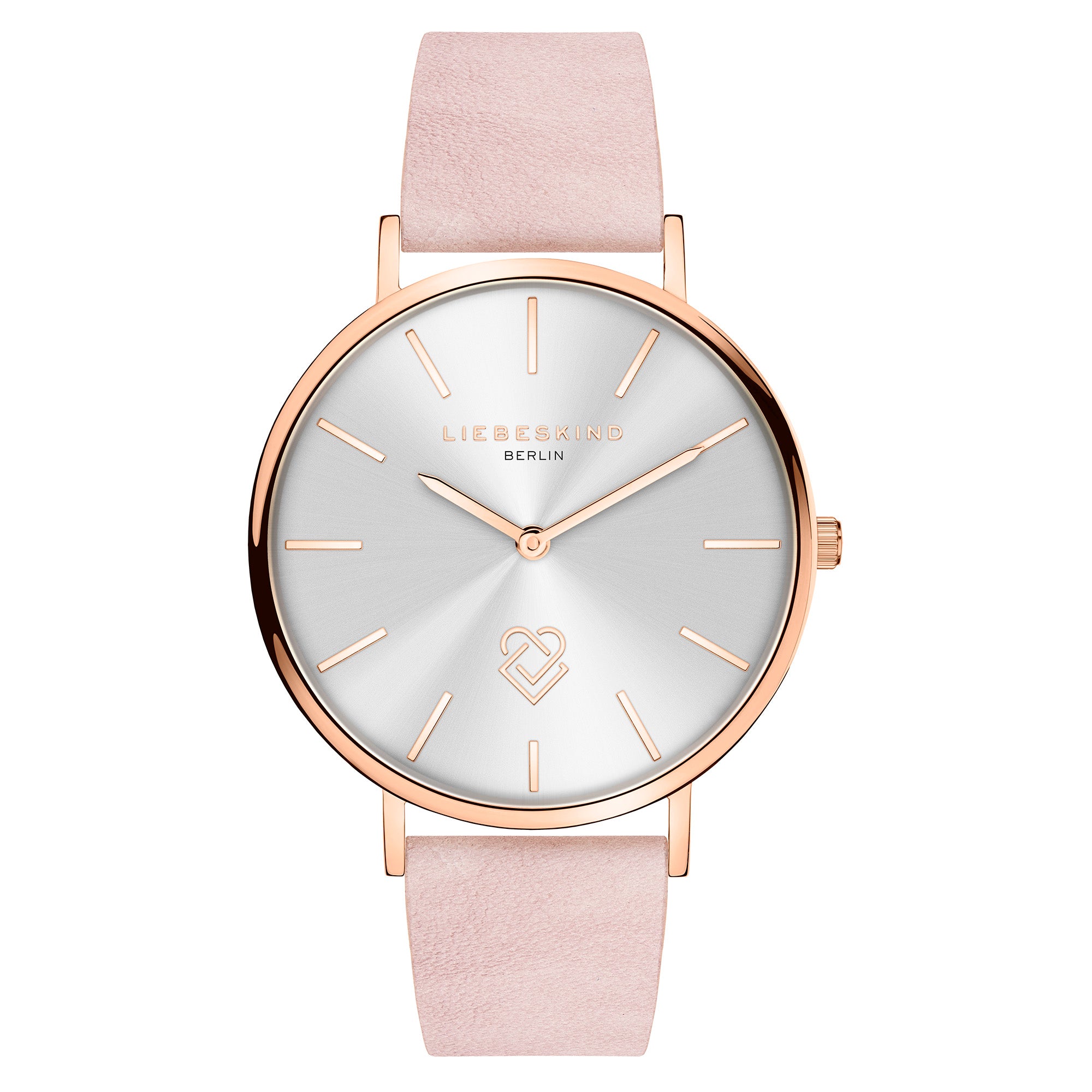 Die LIEBESKIND BERLIN Armbanduhr - Keep Loving von Liebeskind Berlin vereint ein silbernes Zifferblatt, minimale Markierungen und ein hellrosa Lederband für skandinavisches Design und zeitlose Eleganz in Roségold.