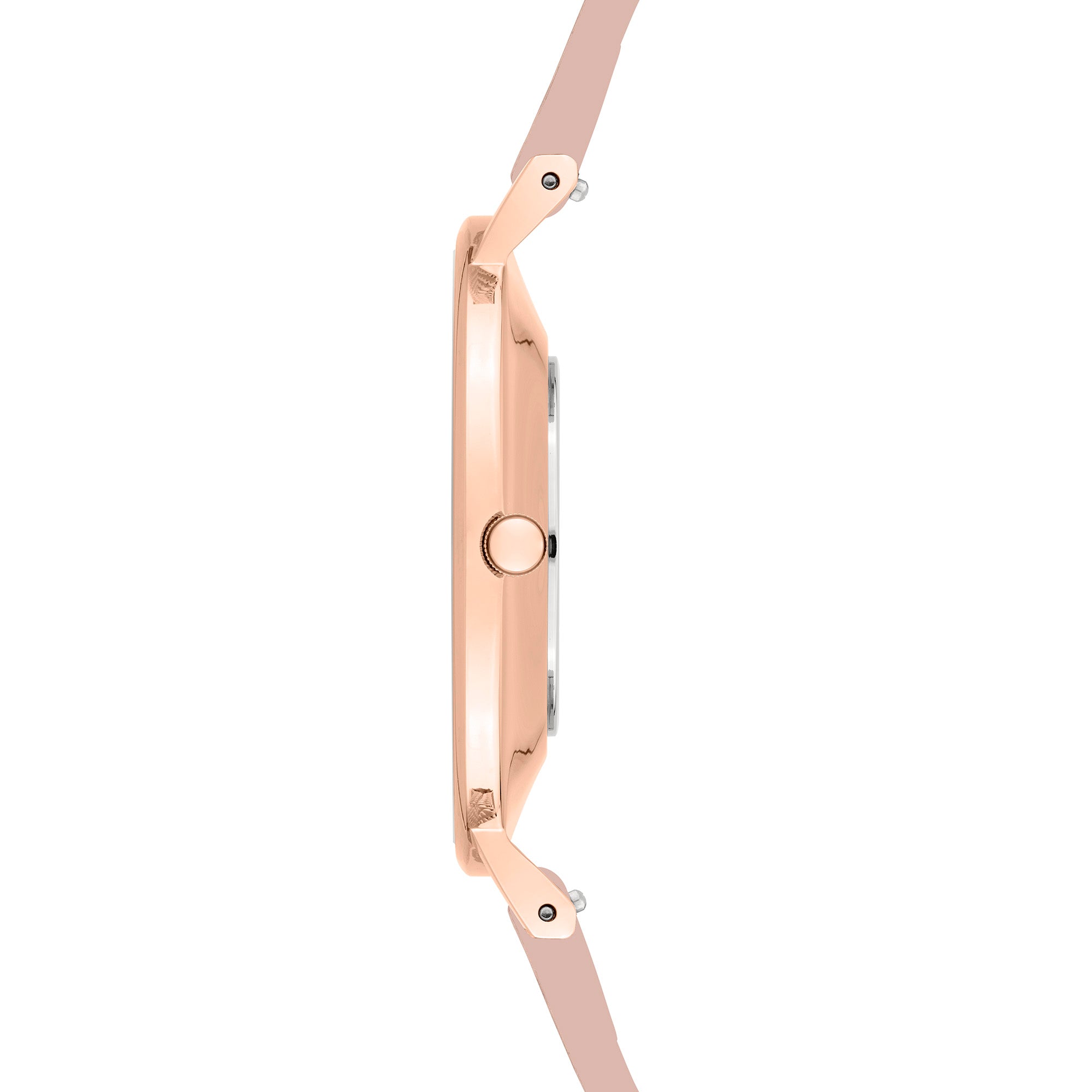 Seitenansicht der schlanken LIEBESKIND BERLIN Armbanduhr - Keep Loving von Liebeskind Berlin, in Roségold mit rosafarbenem Armband und skandinavischem Design, dargestellt vor weißem Hintergrund.