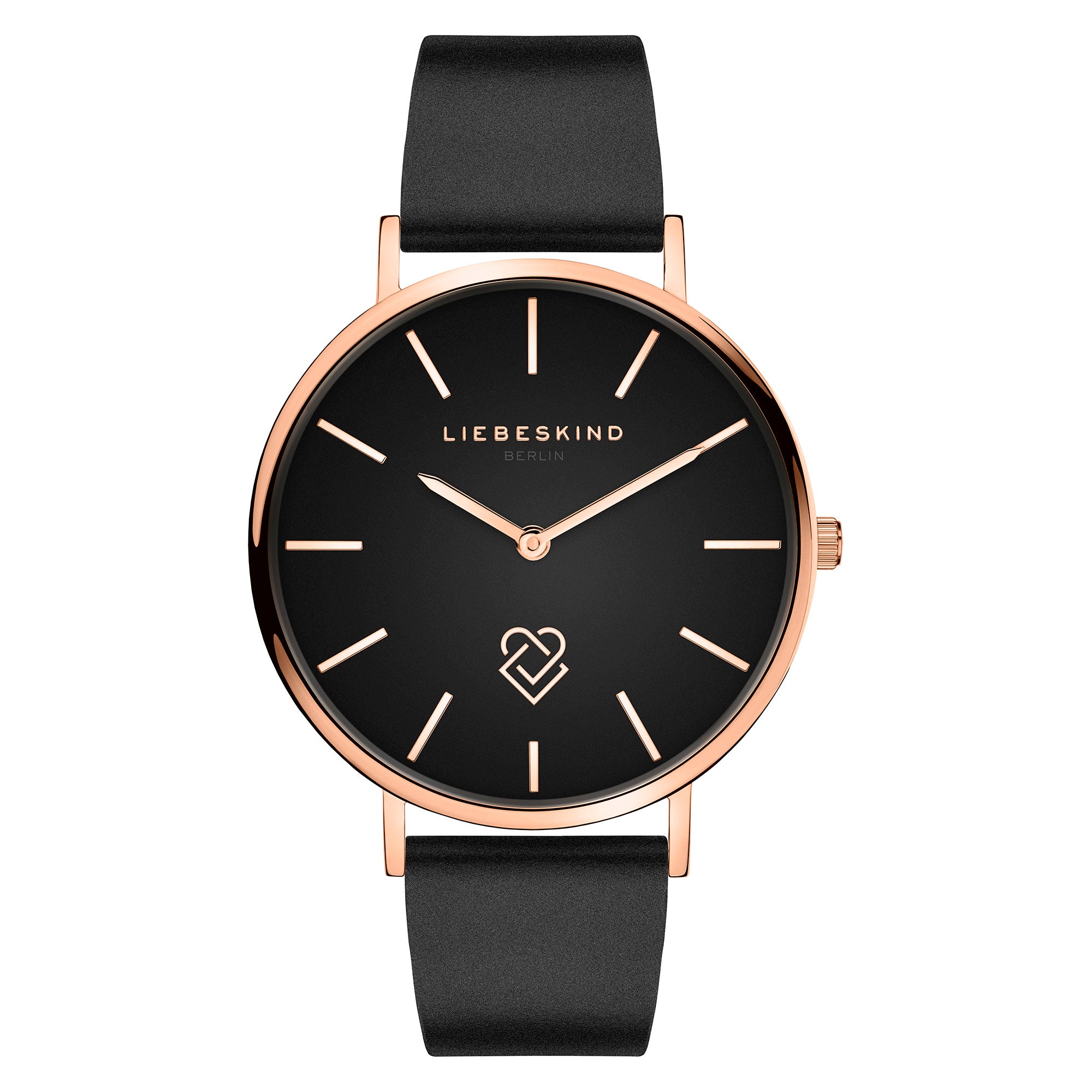 Die LIEBESKIND BERLIN Armbanduhr - Keep Loving von Liebeskind Berlin hat ein schwarzes Lederarmband, ein schwarzes Zifferblatt, ein goldenes Gehäuse und minimalistische goldene Indexe für zeitlose Eleganz.