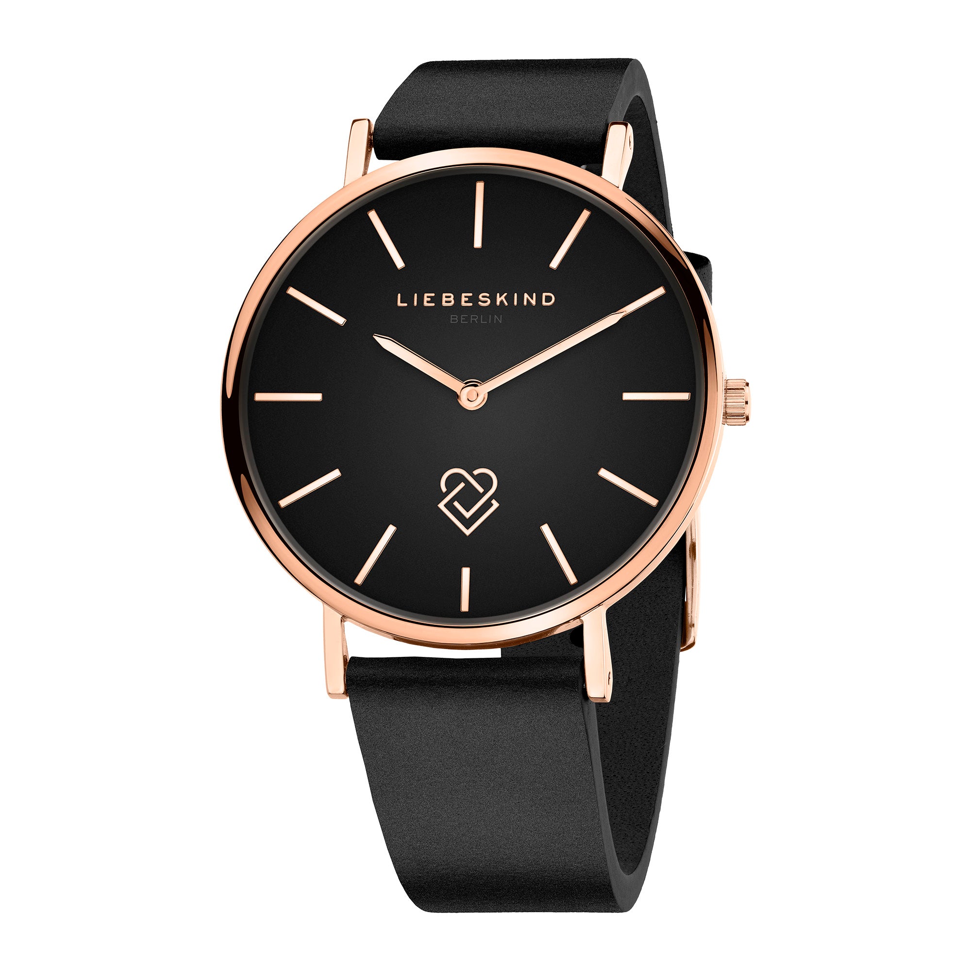 Die LIEBESKIND BERLIN Armbanduhr - Keep Loving von Liebeskind Berlin hat ein roségoldenes Gehäuse, ein schwarzes Lederarmband, ein minimalistisches Zifferblatt und ein Logo - eine stilvolle Uhr für jede Gelegenheit.