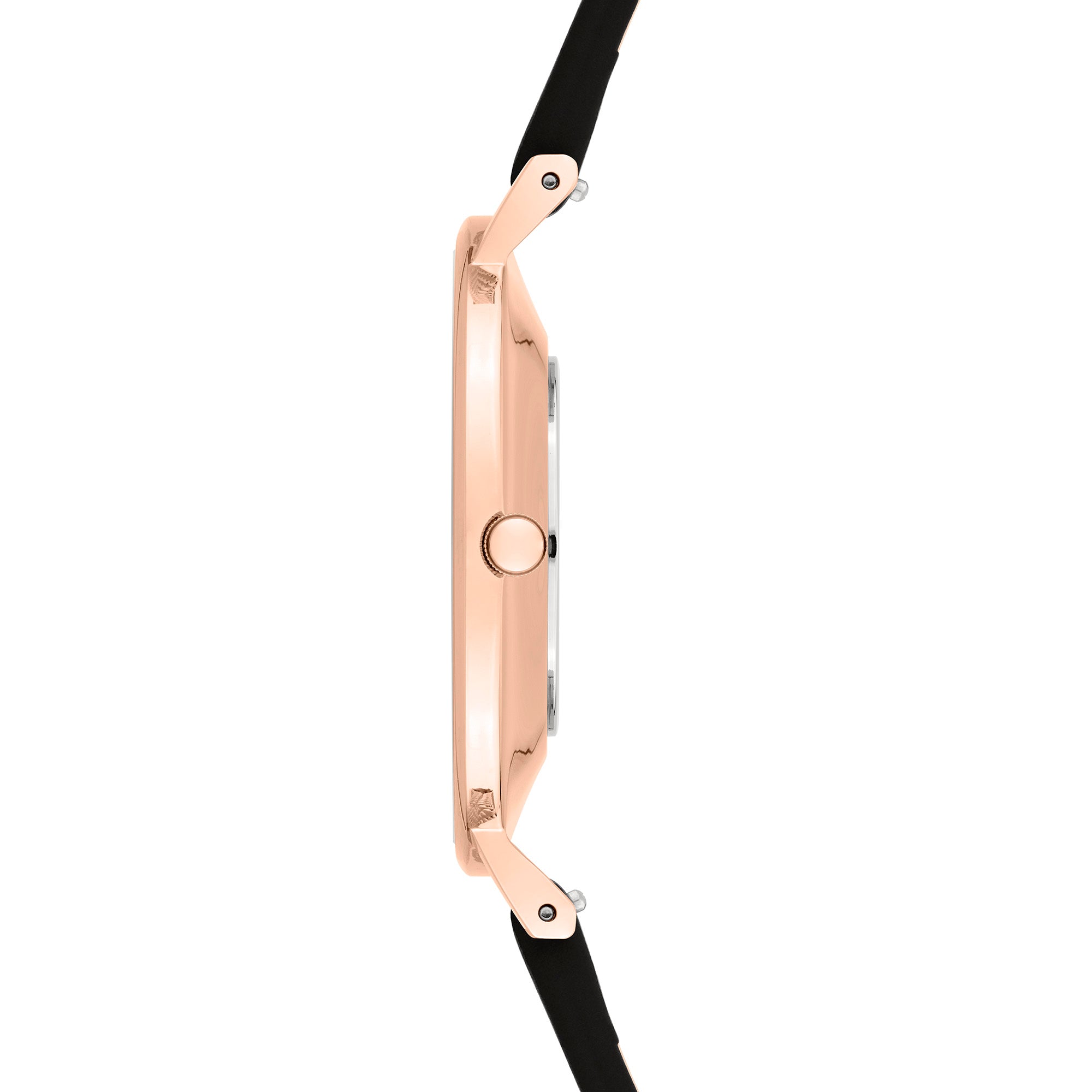 Seitenansicht der LIEBESKIND BERLIN Armbanduhr - Keep Loving von Liebeskind Berlin in Roségold, mit schlankem Gehäuse und schwarzem Lederarmband, dargestellt vor weißem Hintergrund.