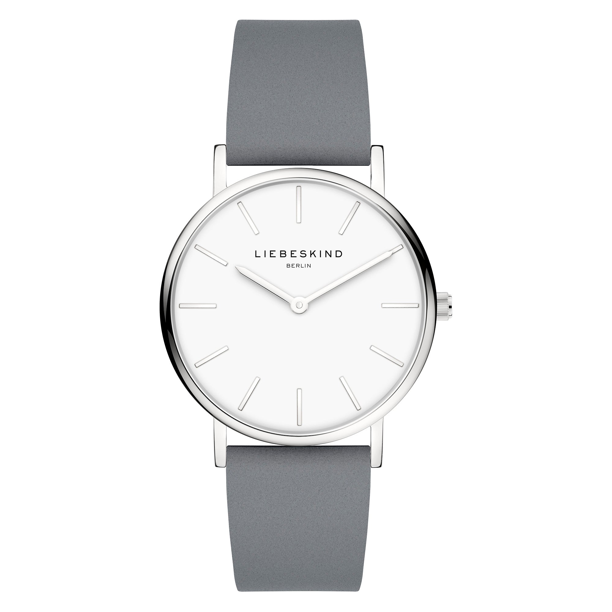 Die LIEBESKIND BERLIN Armbanduhr - The Modern Must-Have von Liebeskind Berlin hat ein minimalistisches silbernes Gehäuse, ein weißes Zifferblatt, ein graues Echtlederarmband und schlichte Stundenmarkierungen - eine moderne Damenuhr für jeden Anlass.