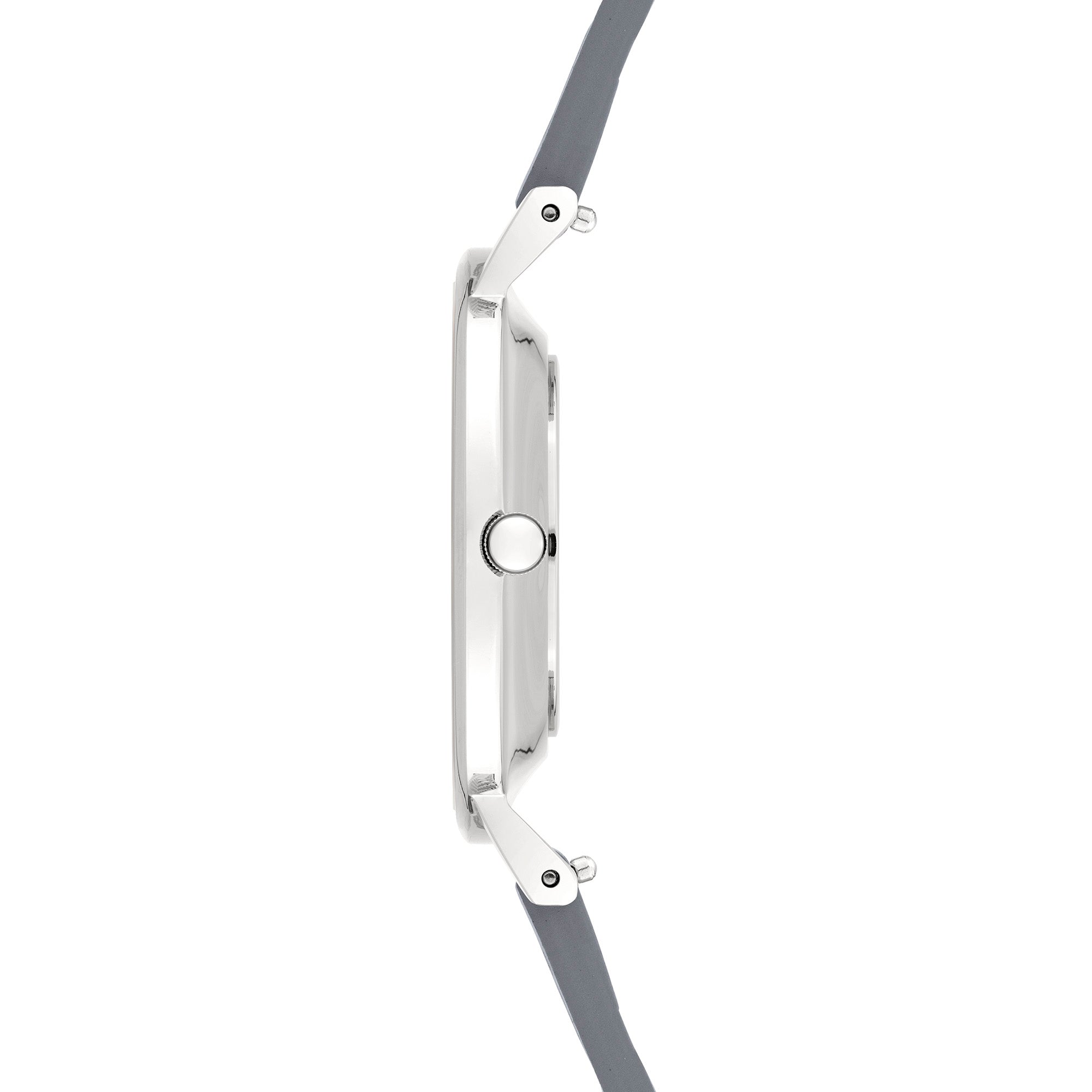 Seitenansicht der LIEBESKIND BERLIN Armbanduhr - The Modern Must-Have von Liebeskind Berlin mit schlankem, silbernem Gehäuse und grauem Echtlederarmband vor weißem Hintergrund.